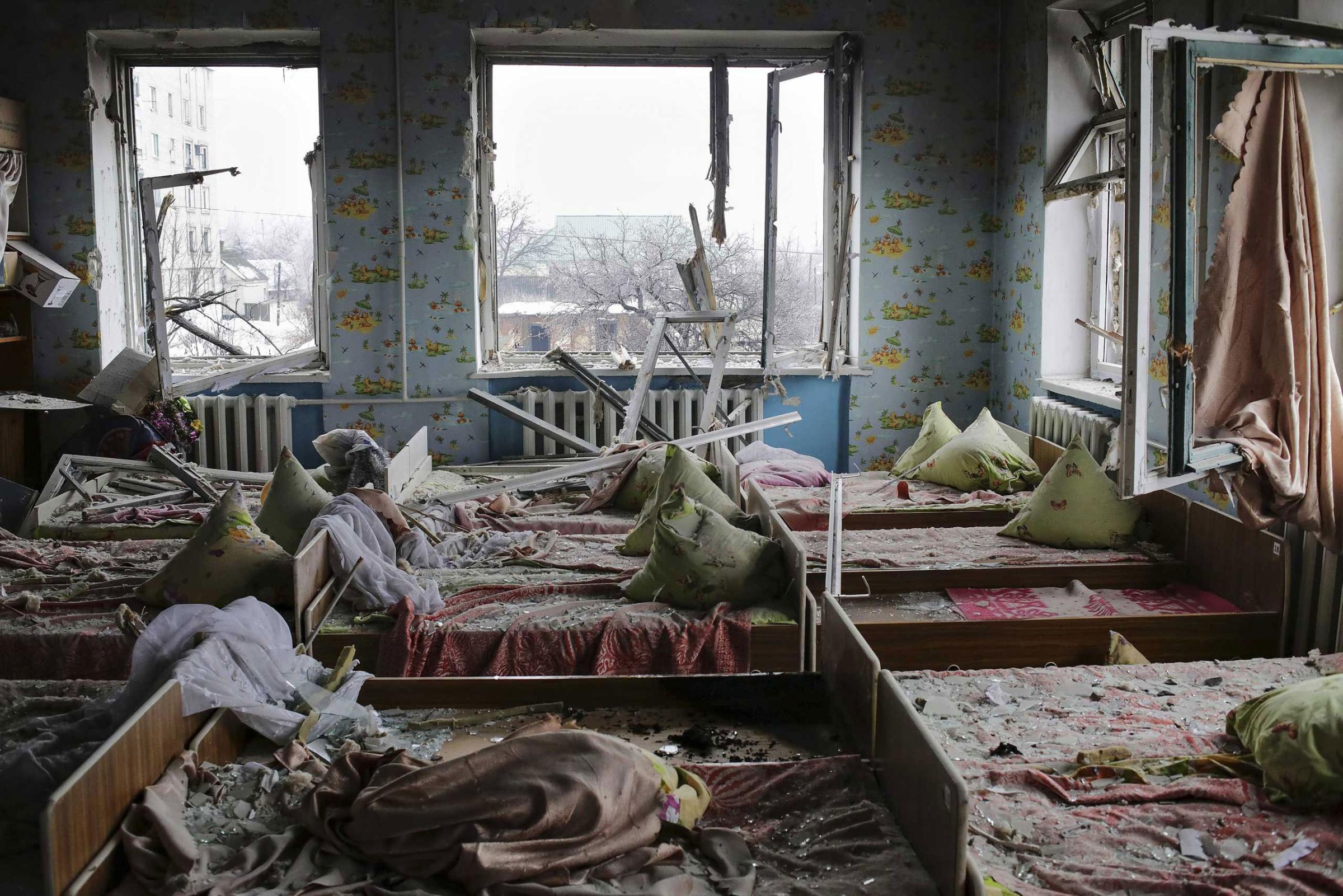 A view of a kindergarten that was shelled in Debaltseve, Donetsk area, Ukraine. Jan. 22 2015