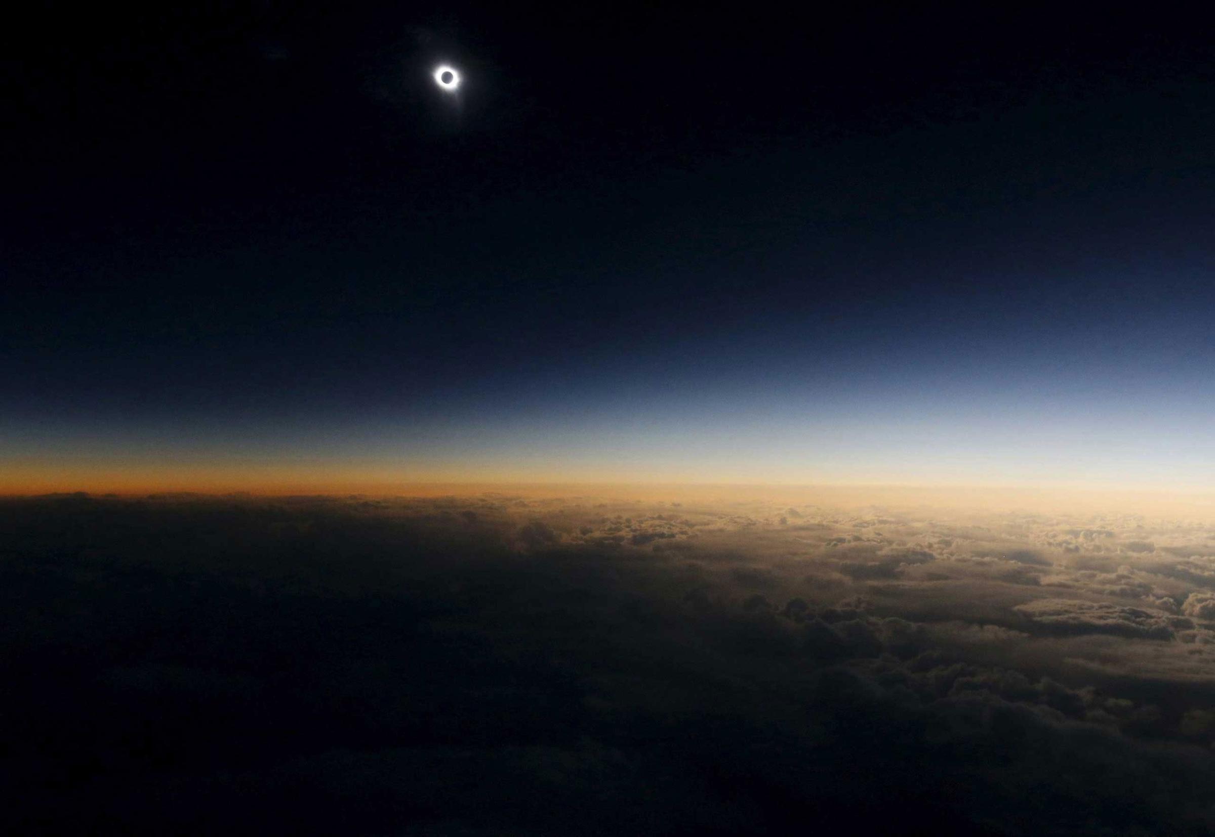 A view from a plane during the so-called "Eclipse Flight" from the Russian city of Murmansk to observe the solar eclipse above the neutral waters of the Norwegian Sea. March 20, 2015.