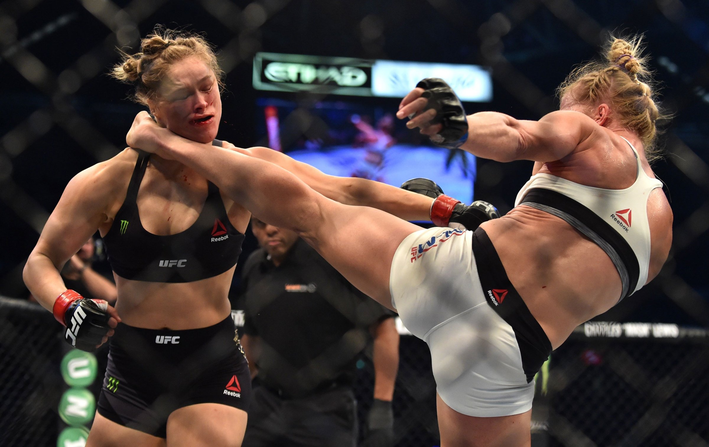Holly Holm of the U.S. (pictured right) lands a kick to the neck to knock out compatriot Ronda Rousey and wins the Ultimate Fighting Championship (UFC) title fight in Melbourne, Australia. Nov. 15, 2015.