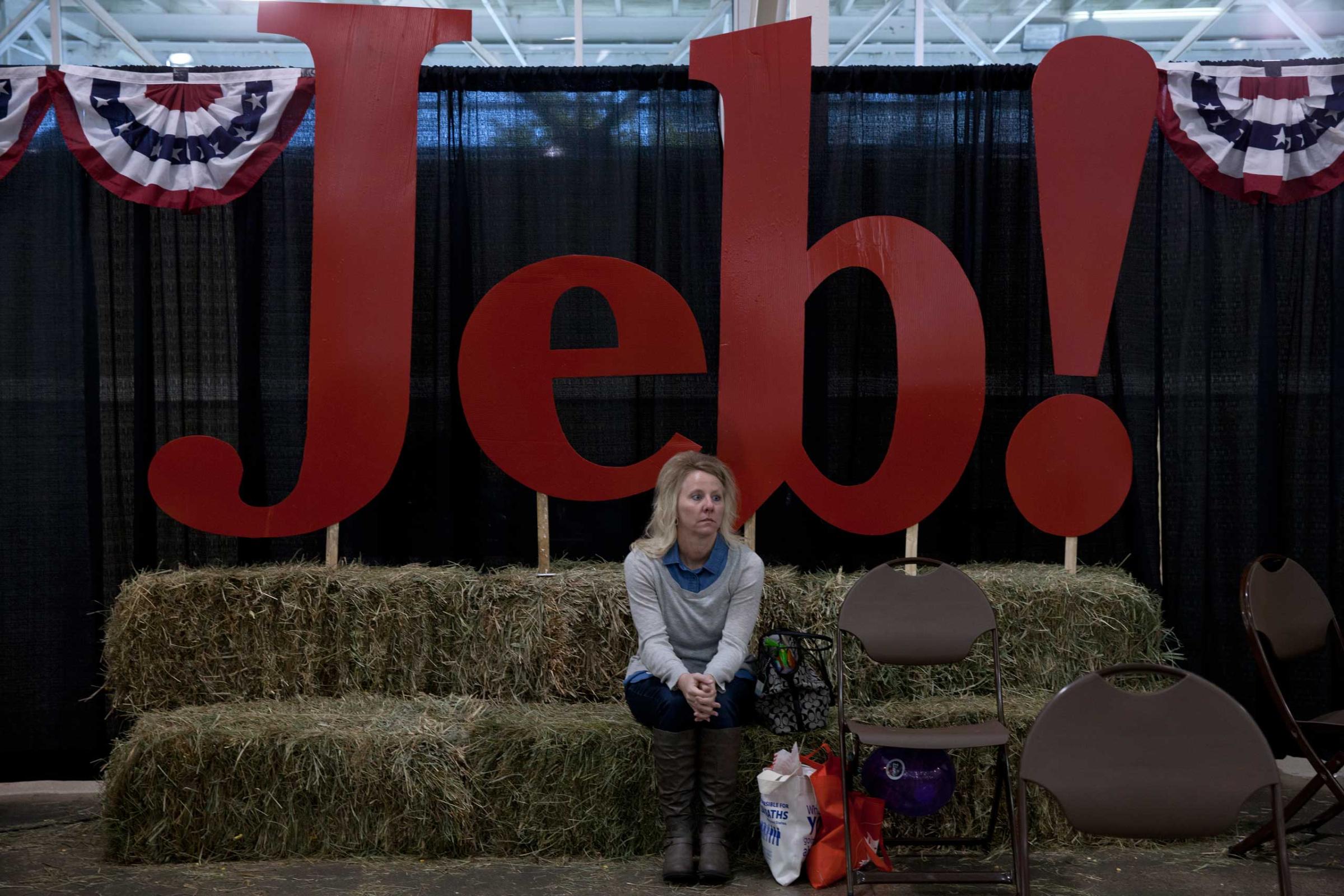 A Jeb Bush supporter is seen at the “Growth and Opportunity Party” In Des Moines, Iowa. Nov. 7, 2015.