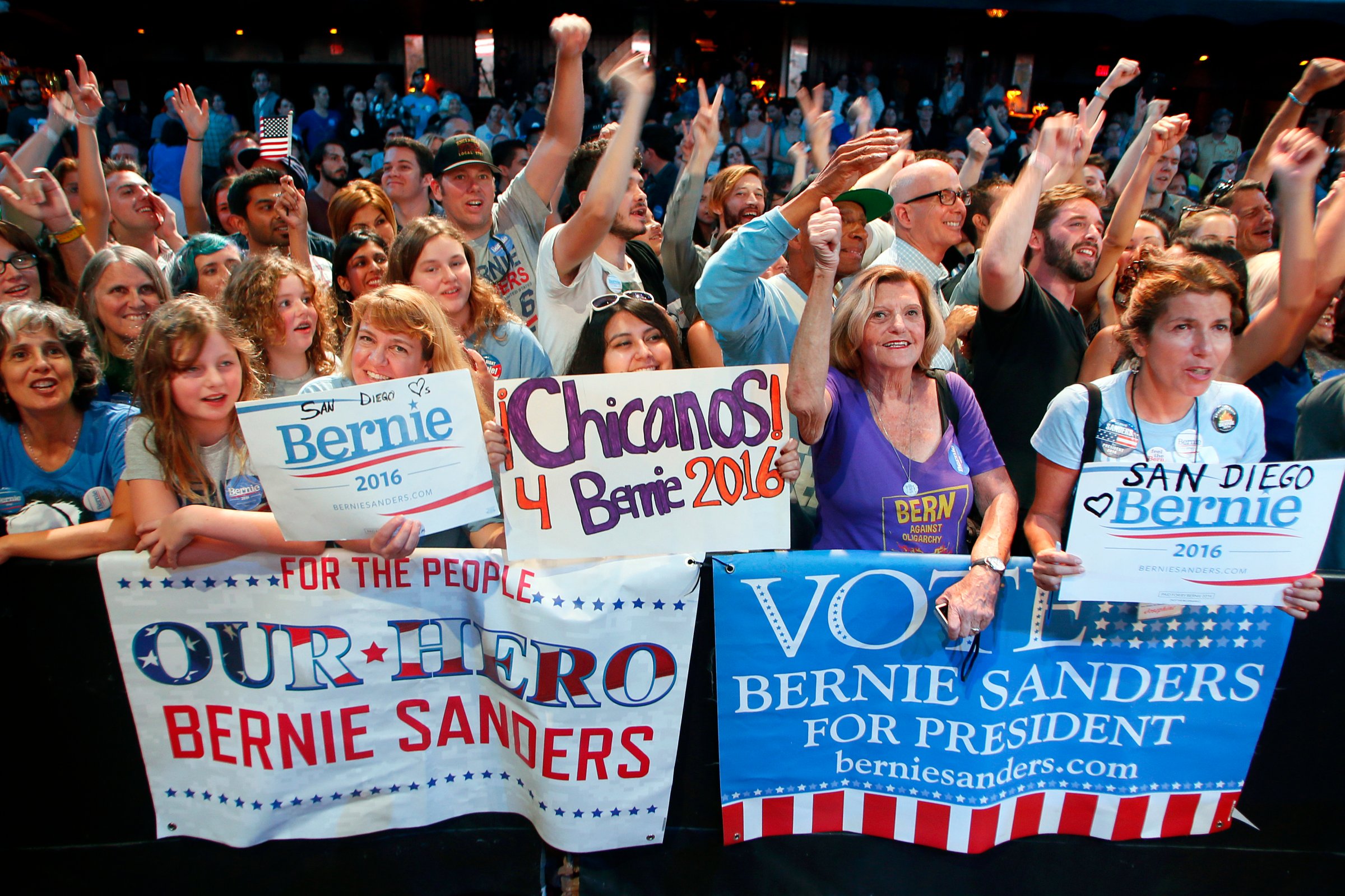 Supporters cheer for Democratic presidential candidate Sen. Bernie Sanders, of Vermont, at a fundraiser on Oct. 14, 2015, in Hollywood, Calif.