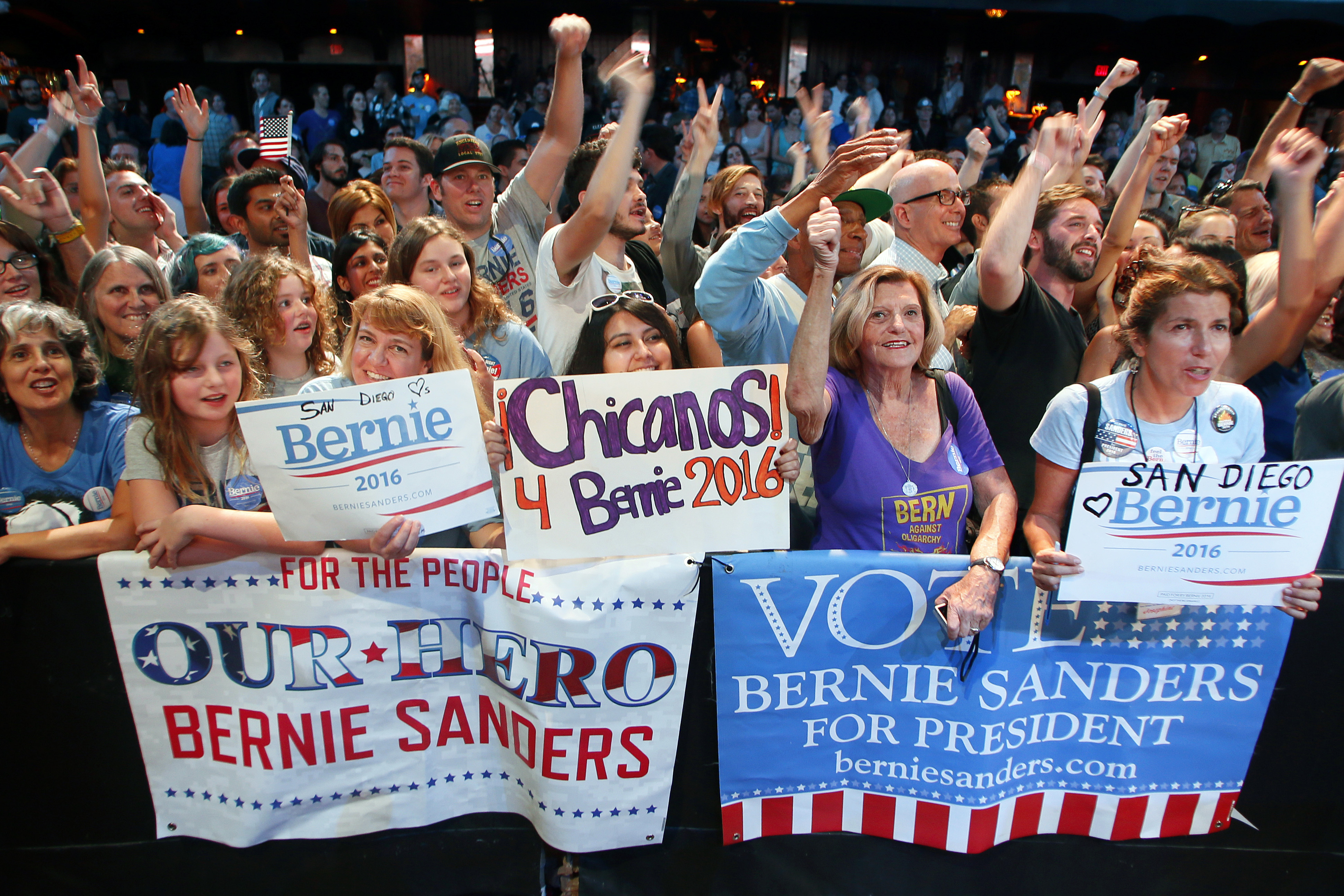 Supporters cheer for Democratic presidential candidate Sen. Bernie Sanders, of Vermont, at a fundraiser on Oct. 14, 2015, in Hollywood, Calif. (Danny Moloshok—AP)