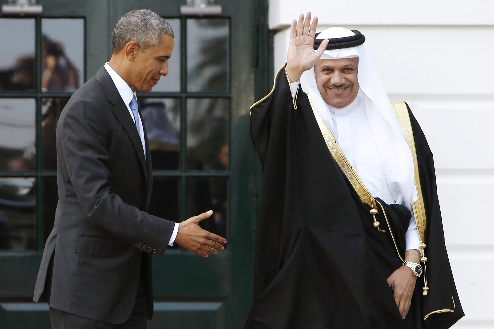 U.S. President Barack Obama welcomes Secretary General of the Gulf Cooperation Council Abdul Latif bin Rashid Al Zayani, of Bahrain, while hosting leaders and delegations from the Gulf Cooperation Council countries at the White House in Washington on May 13, 2015.