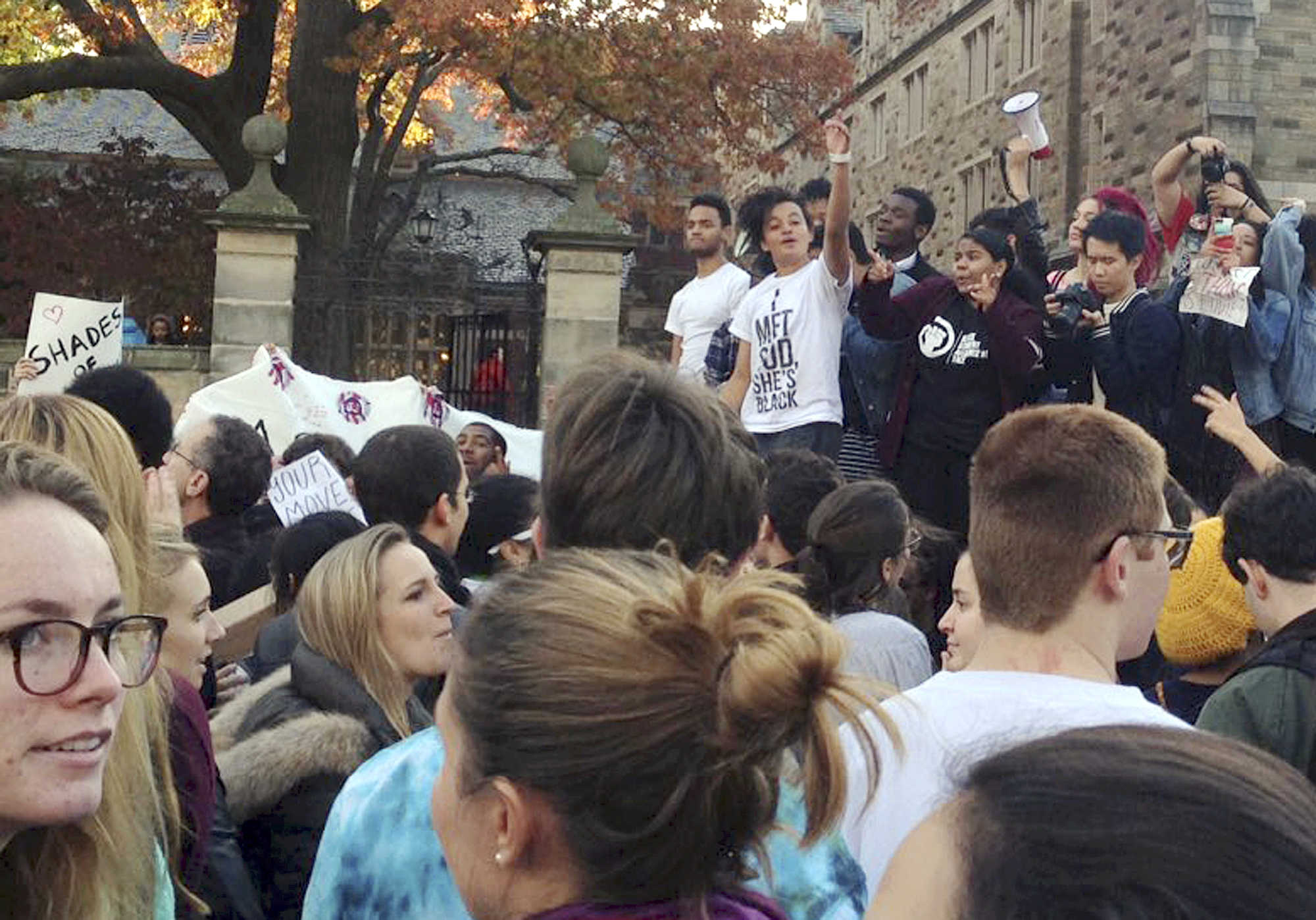 Yale University students and supporters participate in a march across campus to demonstrate against what they see as racial insensitivity at the Ivy League school in New Haven, CT on Nov. 9, 2015. (Ryan Flynn—AP)