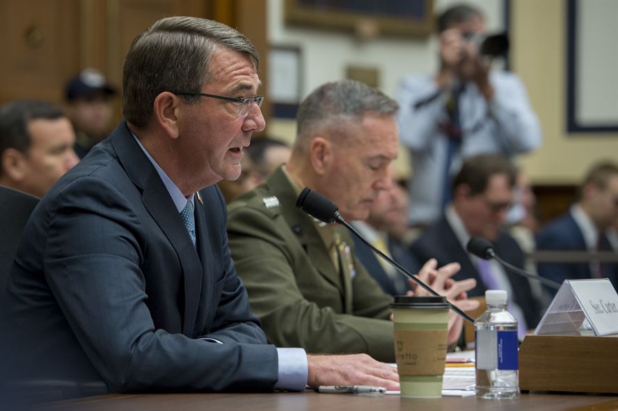 Defense Secretary Ashton Carter and Marine General Joseph Dunford, chairman of the Joint Chiefs, testify before the House Armed Services Committee on Tuesday. (DoD photo / Adrian Cadiz)