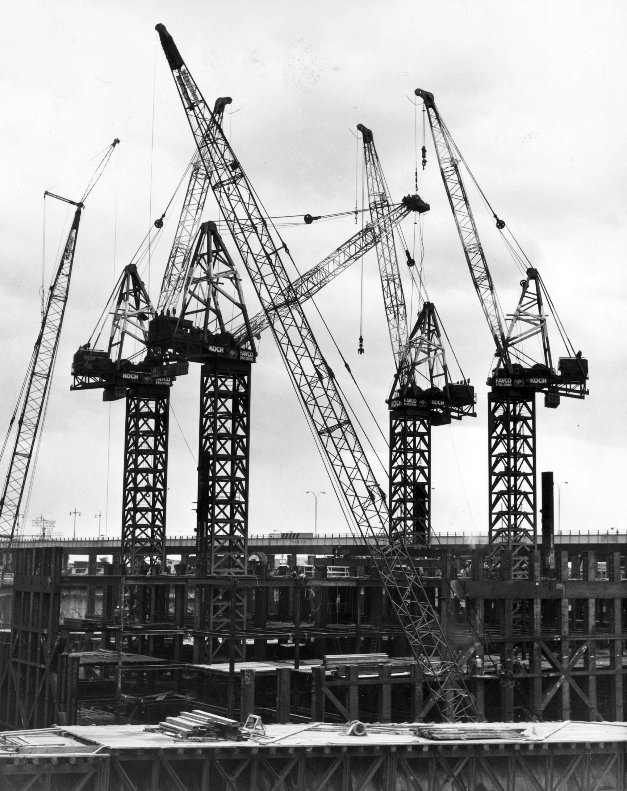 Kangaroo cranes in position at the excavation site for the World Trade Center in New York, December 13, 1968.