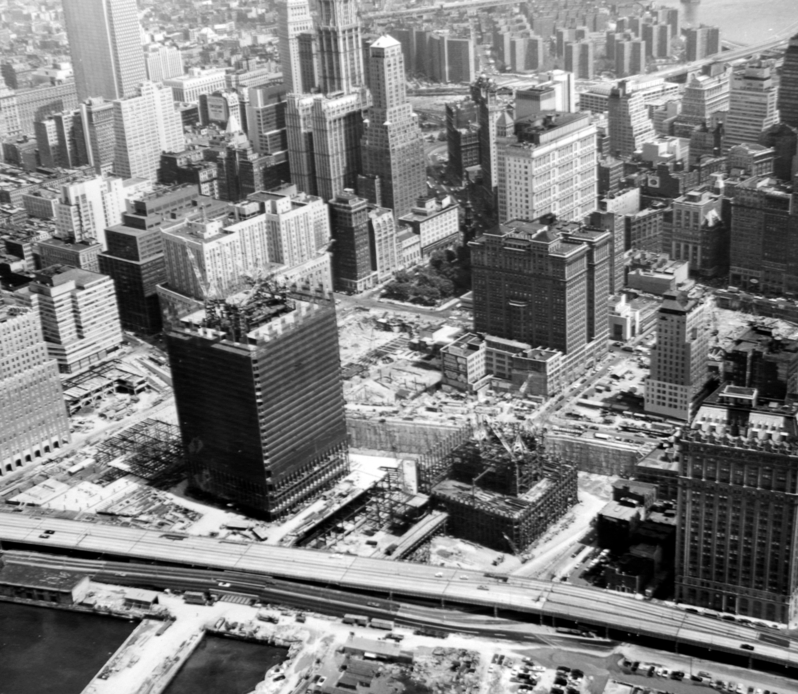 Aerial view of World Trade Center during construction, August 14, 1969.