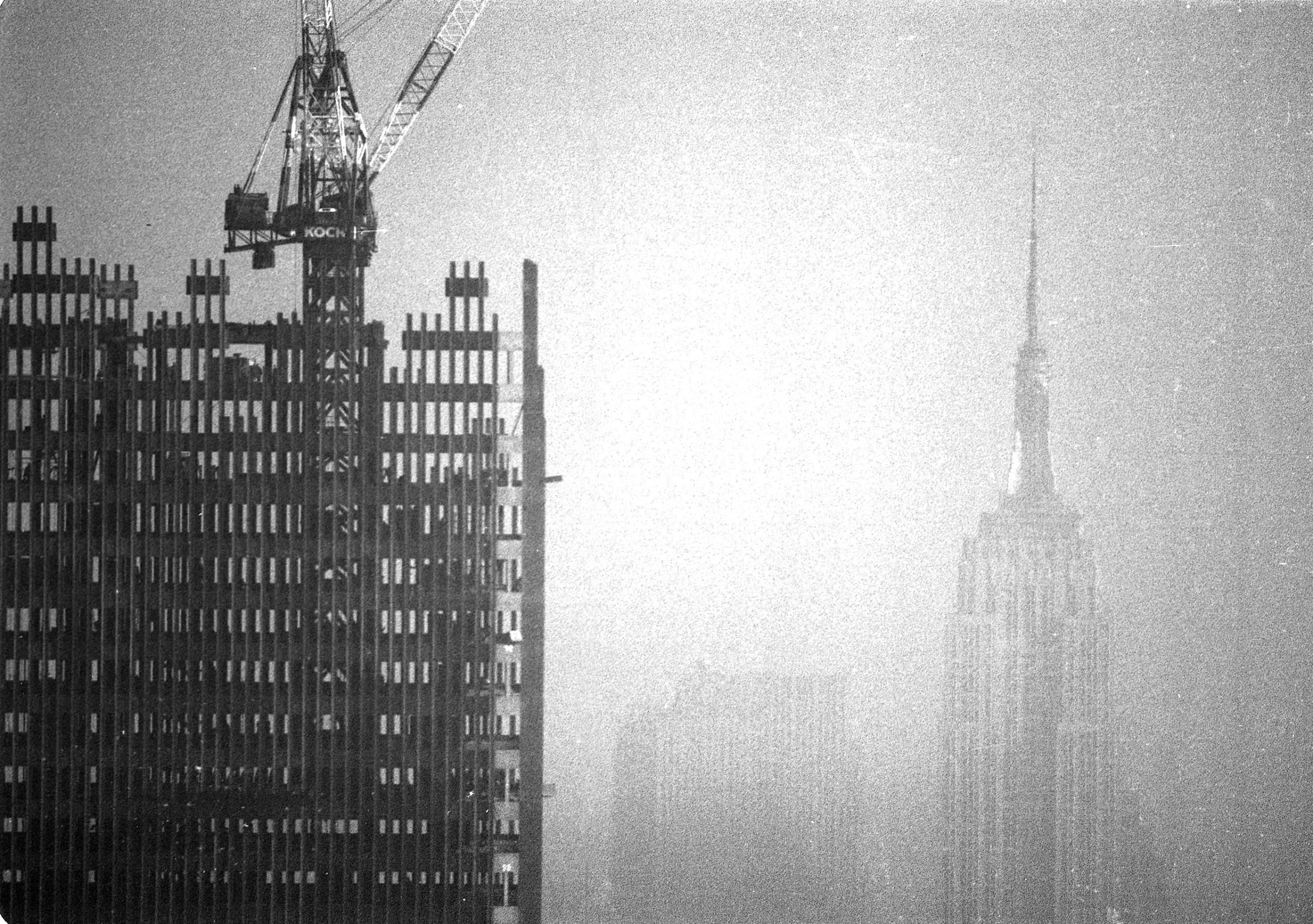 Construction of one of the twin towers at the World Trade Center in lower Manhattan, New York City, on October 20, 1970. In the background at right is the Empire State Building with its antenna.