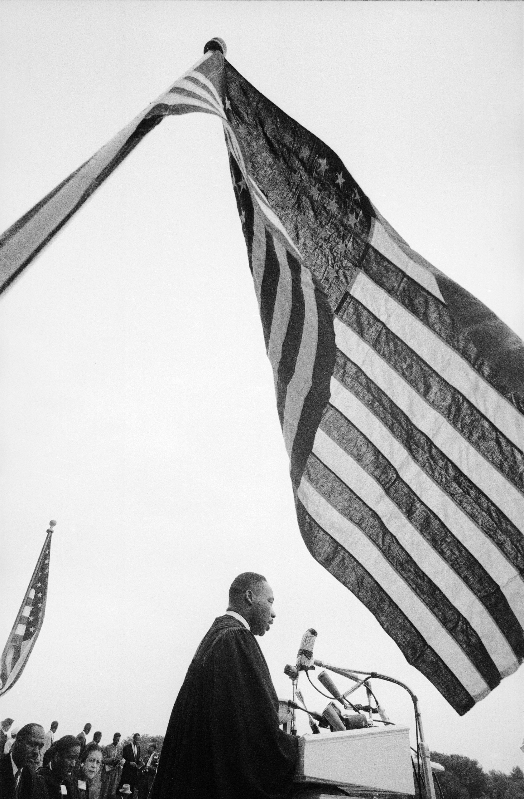 Rev. Martin Luther King Jr. speaking at 'Prayer Pilgrimage for Freedom' at Lincoln Memorial, 1957.