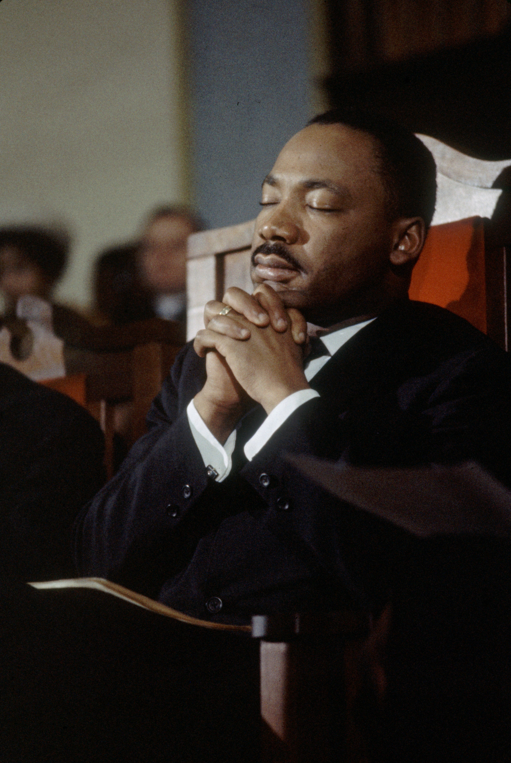 Civil Rights leader Martin Luther King Jr leads a prayer in a church before the second Selma to Montgomery Civil Rights march, also known as 'Turnaround Tuesday', Selma, Alabama, 9th March 1965.