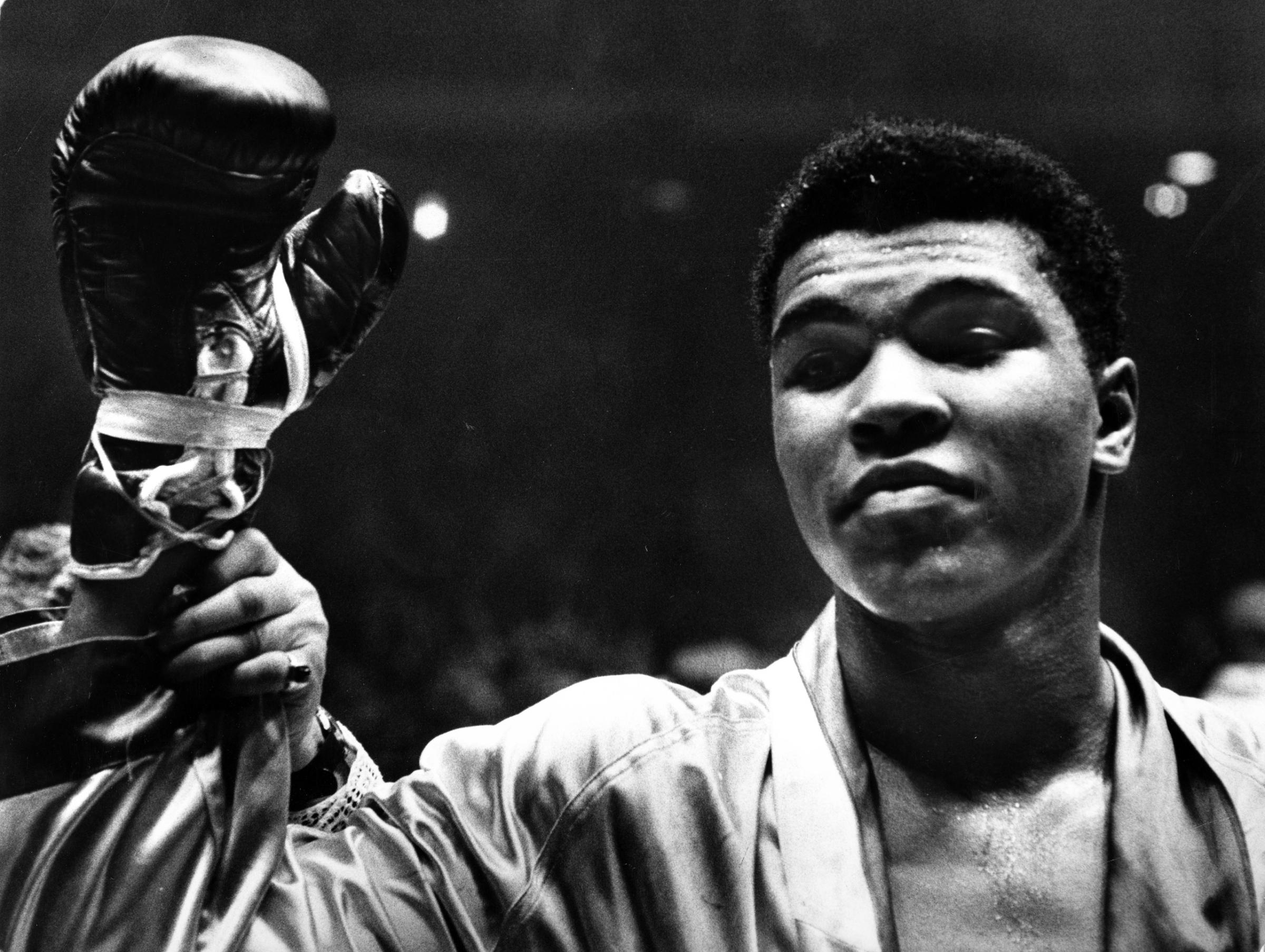 Cassius Clay (later Muhammad Ali) after defeating Doug Jones in close heavyweight bout, in Madison Square Garden, 1963.