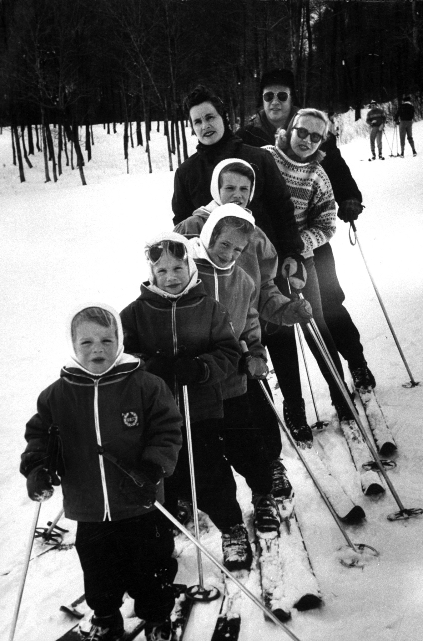 Ski family, the Edward McMahons of Stowe, group before a run. Mr. McMahon, wife Marilyn, her mother, Mrs. Gale Shaw, Suzanne 10, Sally 7, Debbie 5, Patty 3 practice together weekends.