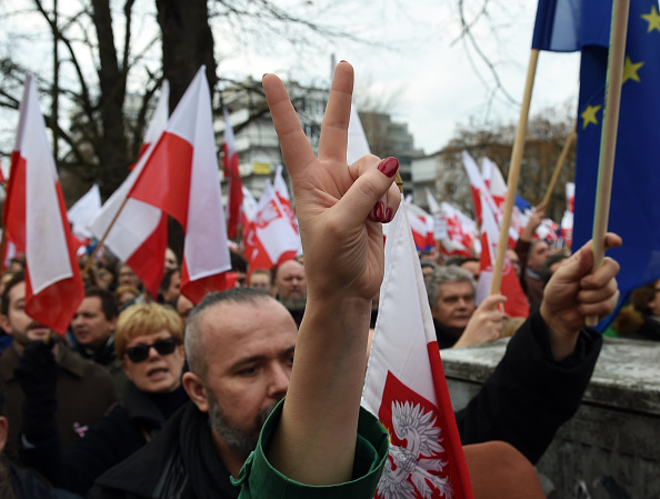 Protesters show victory sign during an antigovernment demonstration in Warsaw on  Dec. 19, 2015 (Janek Skarzynski—AFP/Getty Images)
