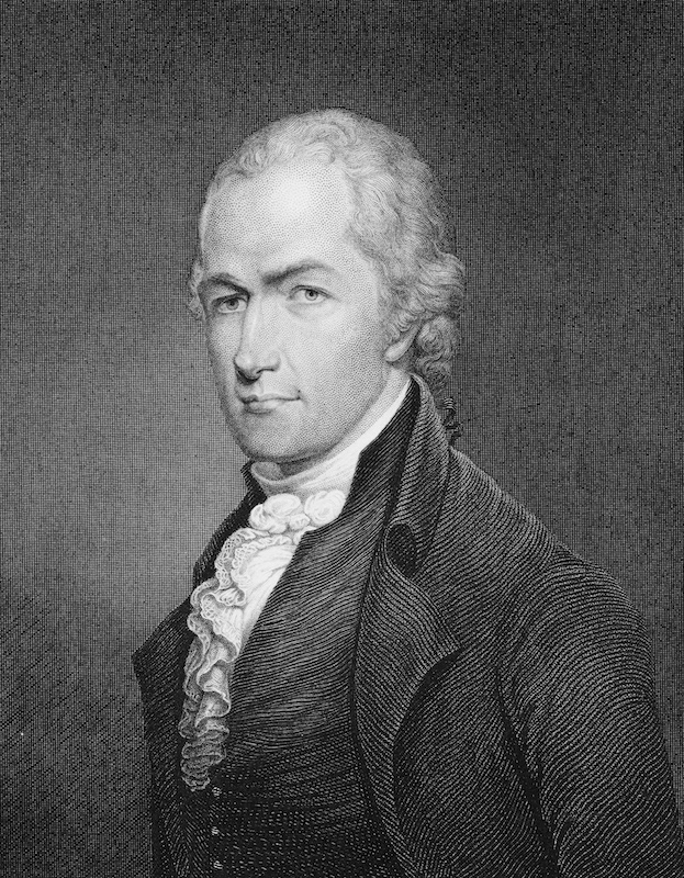 American lawyer and statesman Alexander Hamilton (1755 - 1804), one of the Founding Fathers of the United States, circa 1775. Engraving by E. Prud'homme after a miniature by Archibald Robertson. (Kean Collection / Getty Images)