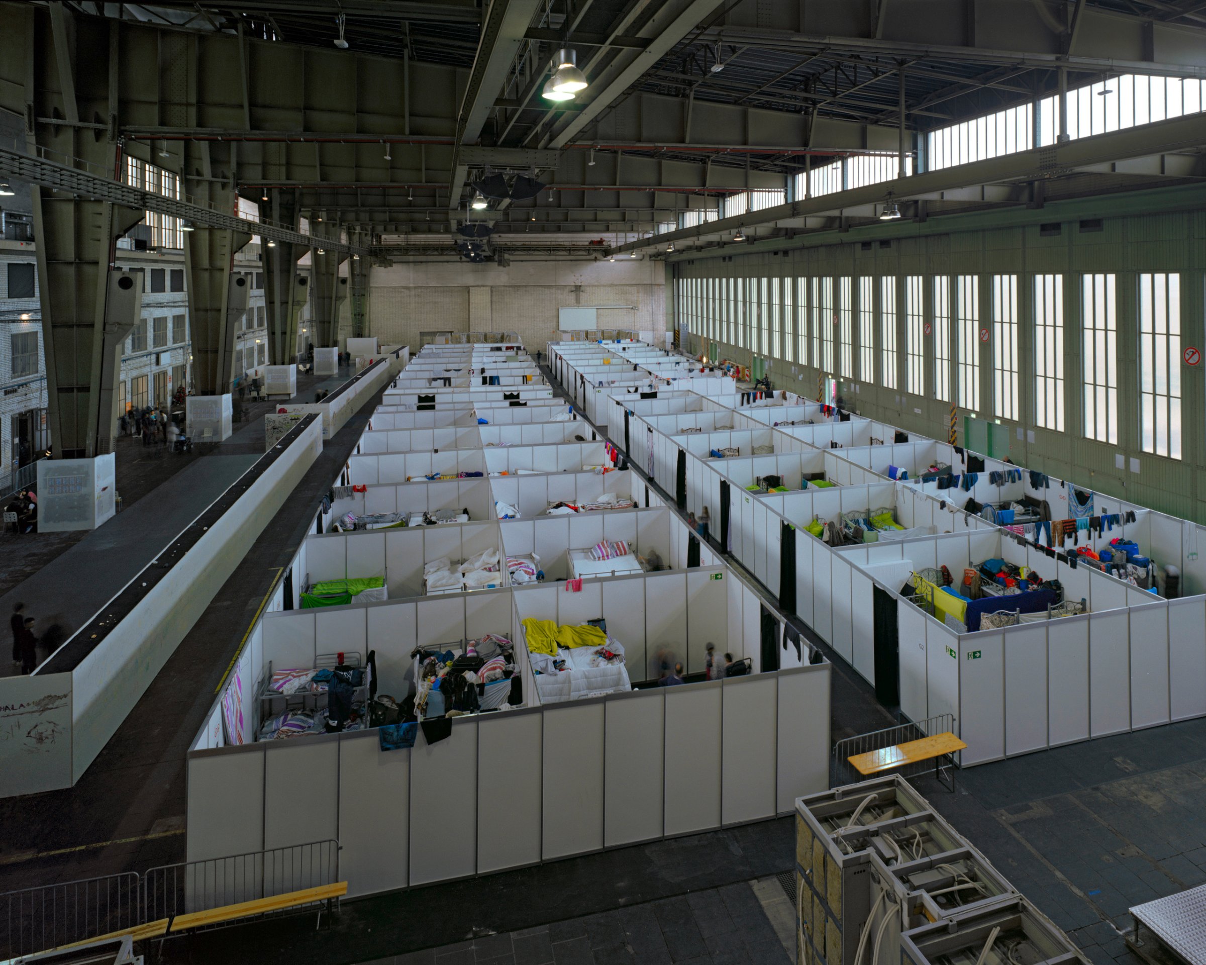 A temporary refugee camp in a former hangar of Berlin’s Tempelhof Airport.