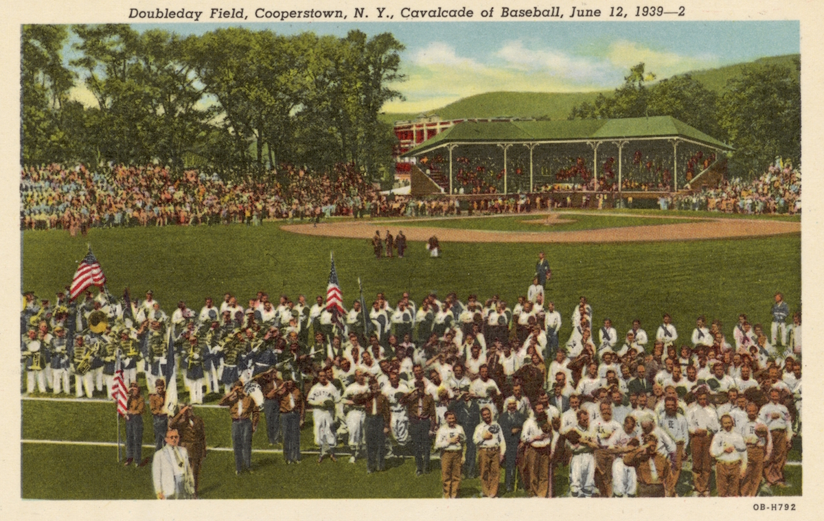 Baseball Game at Doubleday Field. ca. 1940, Cooperstown, New York, USA, Doubleday Field, Cooperstown, N.Y., Cavalcade of Baseball, June 12, 1939-2 On this field in 1839 was played the first game of Baseball, invented by Major General Abner Doubleday of Ci
