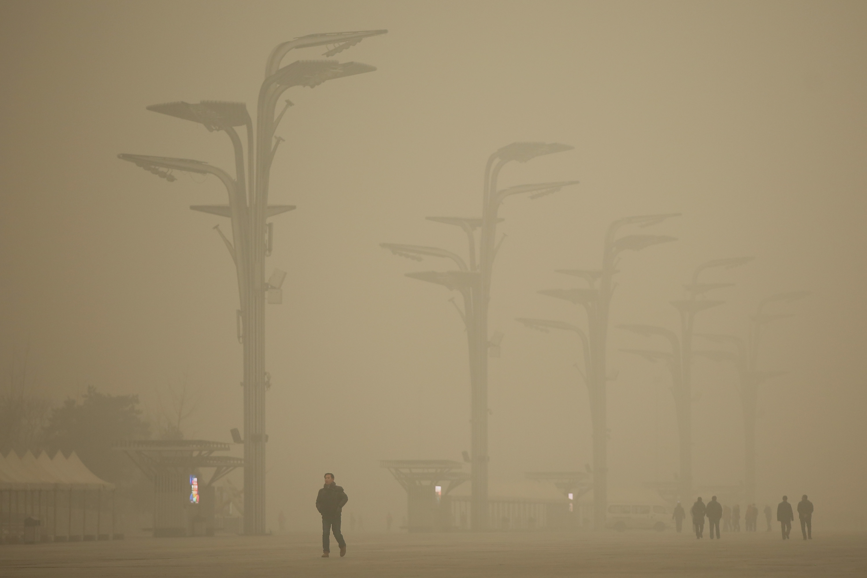 Tourists visit the Olympic Park during heavy smog on Dec. 1, 2015 in Beijing, China. (Feng Li—Getty Images)