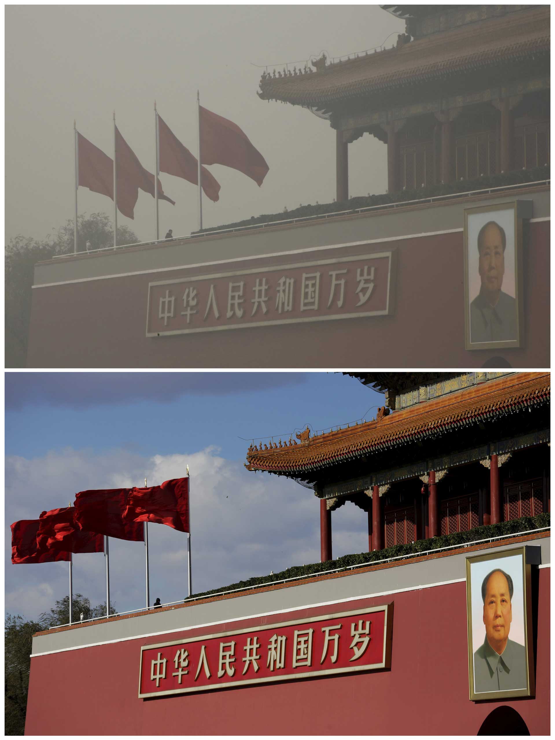 The portrait of Chinese late chairman Mao Zedong seen on the Tiananmen gate on Dec. 1, and a day later.
