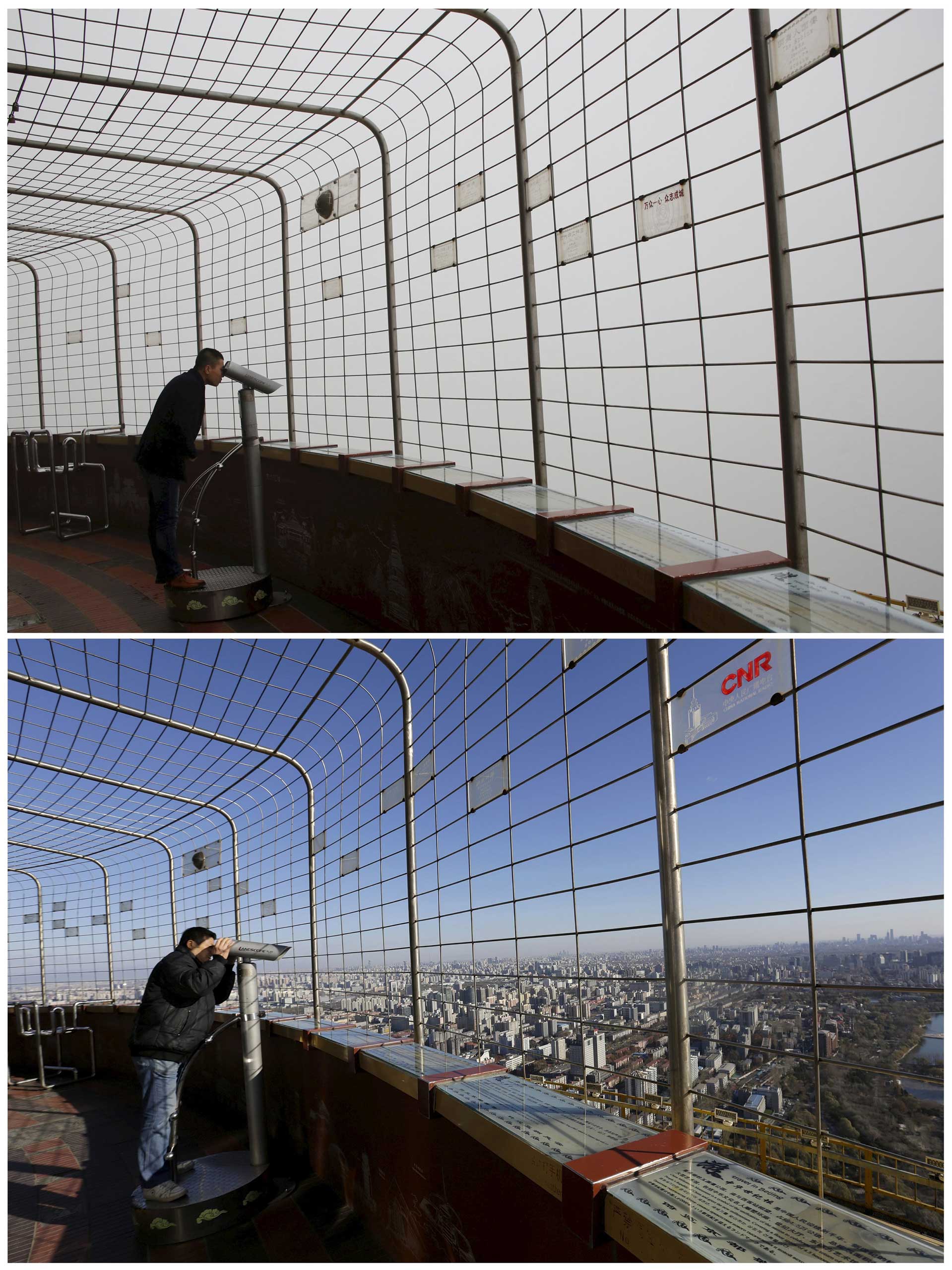 A visitor using binoculars to see the city of Beijing at a viewing deck on the China Central Radio and Television Tower on a smoggy day on Dec. 1, and a day later.