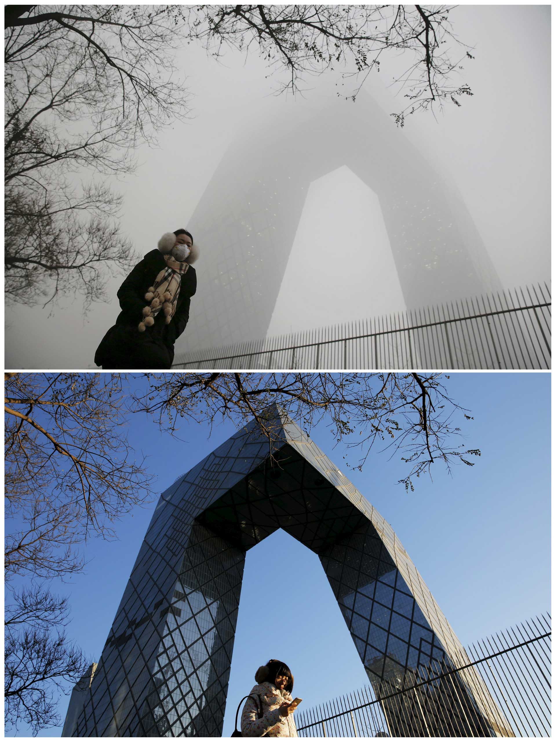 A morning commuter walking in front of the China Central Television building on a smoggy day on Dec. 1, and a day later.