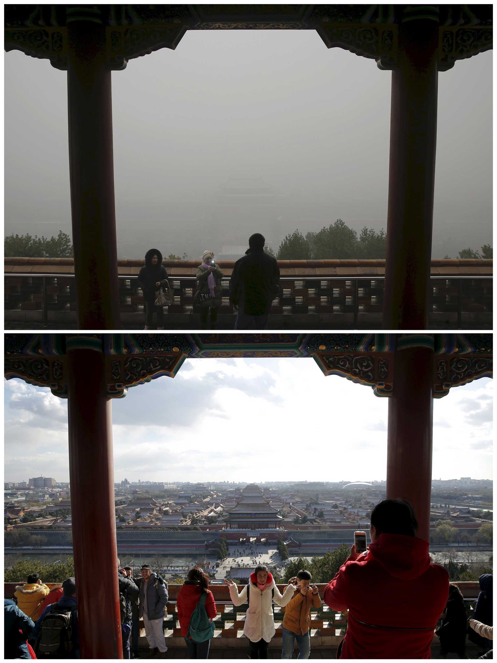 Visitors take pictures at the top of the Jingshan Park overseeing the Forbidden City on a smoggy day on Dec. 1, and a day later.