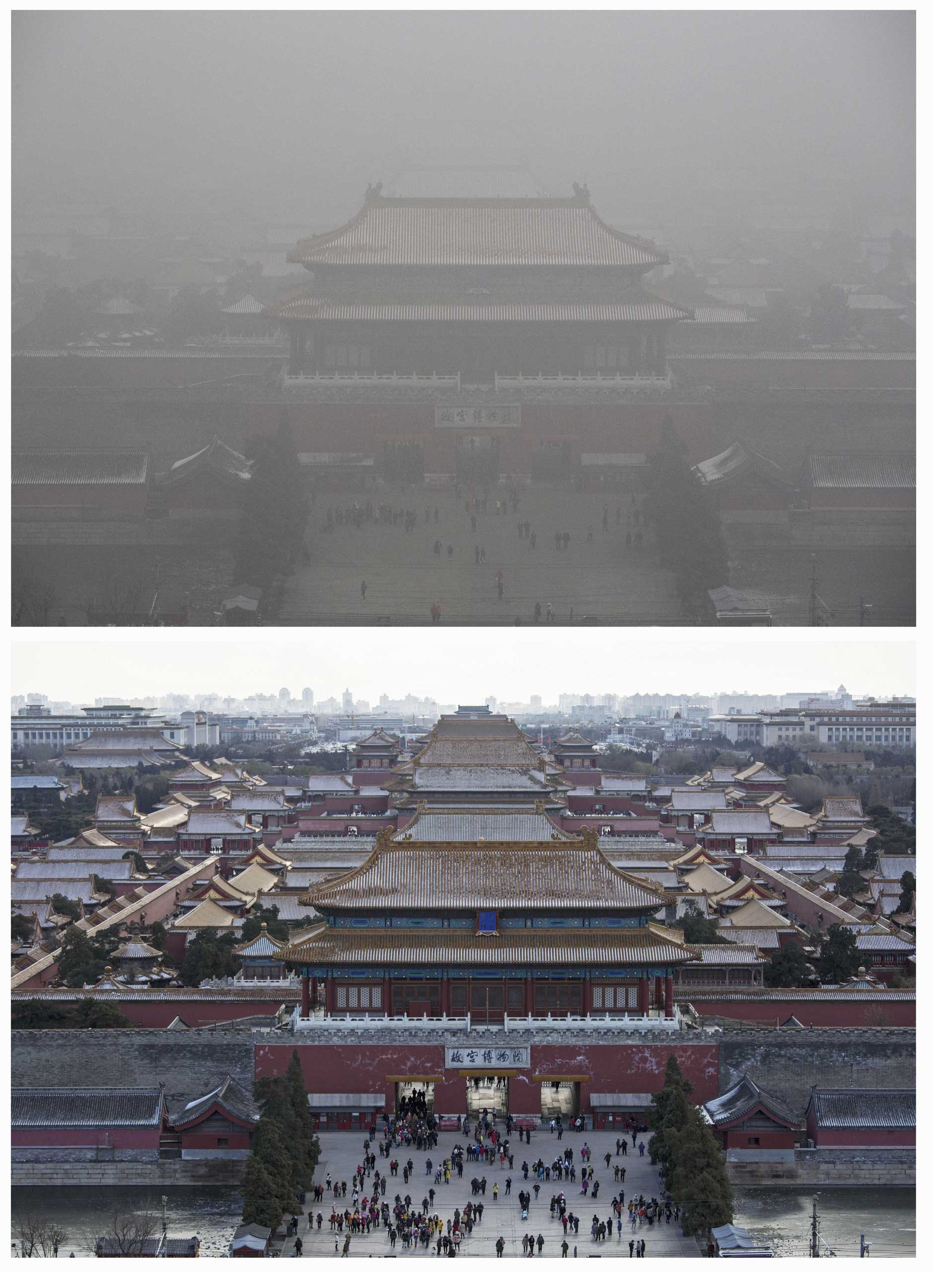 The Forbidden City  is seen in heavy pollution, on Dec. 1 and a day later.