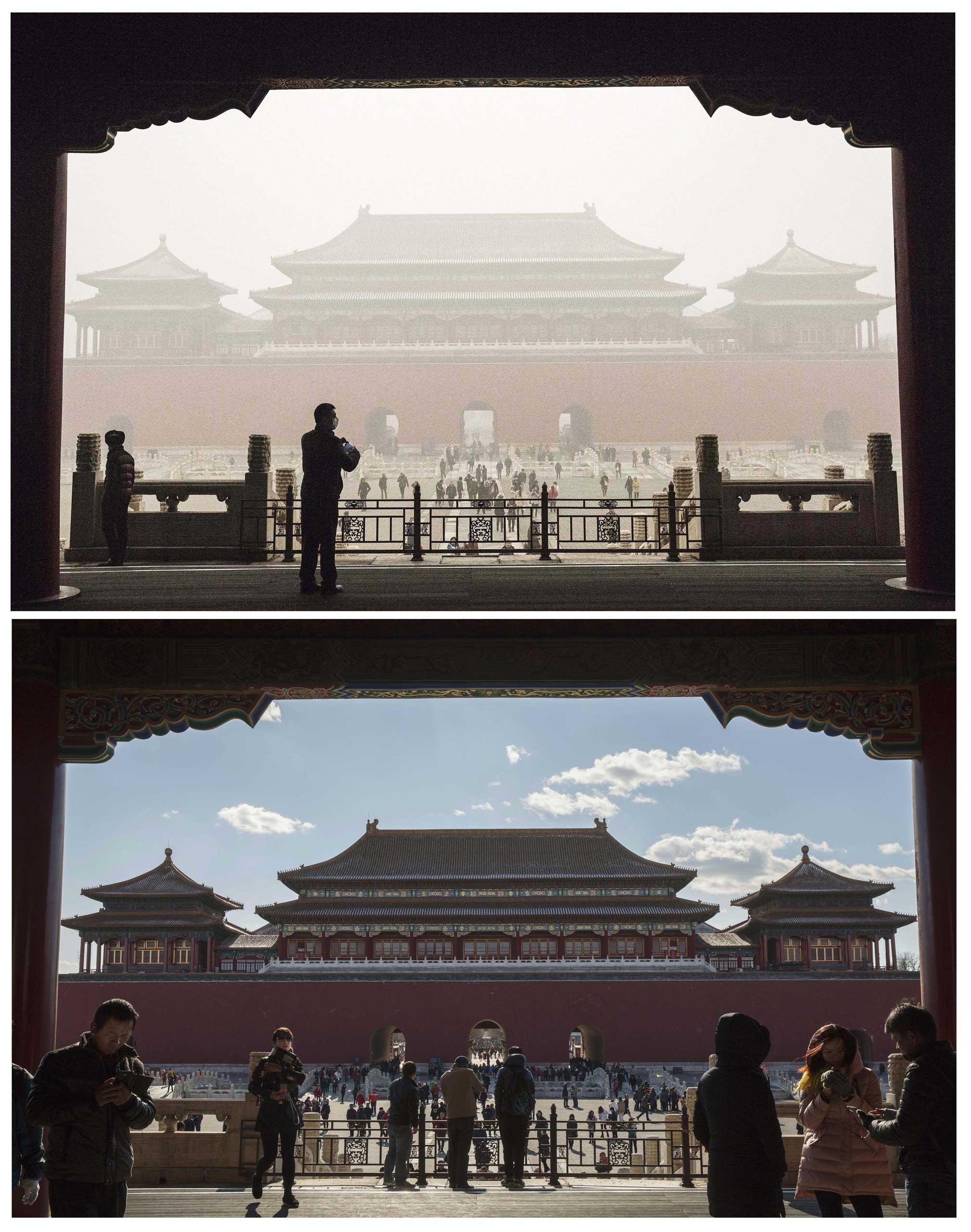 The Forbidden City  is seen in heavy pollution on Dec. 1,  and a day later.