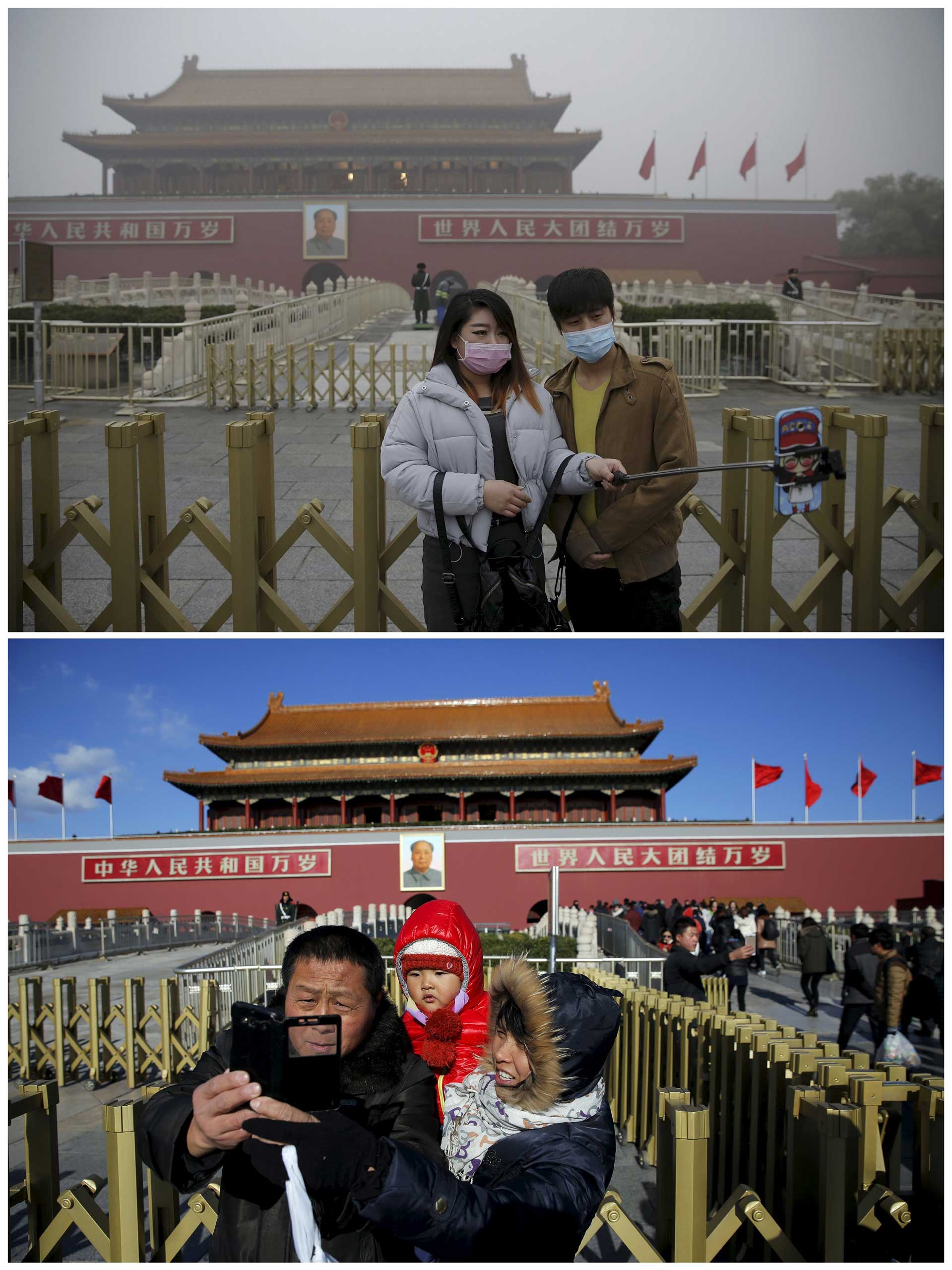 Visitors pose for photographs in front of the Tiananmen Gate and the giant portrait of Mao Zedong on a smoggy day on Dec. 1, and a day later.