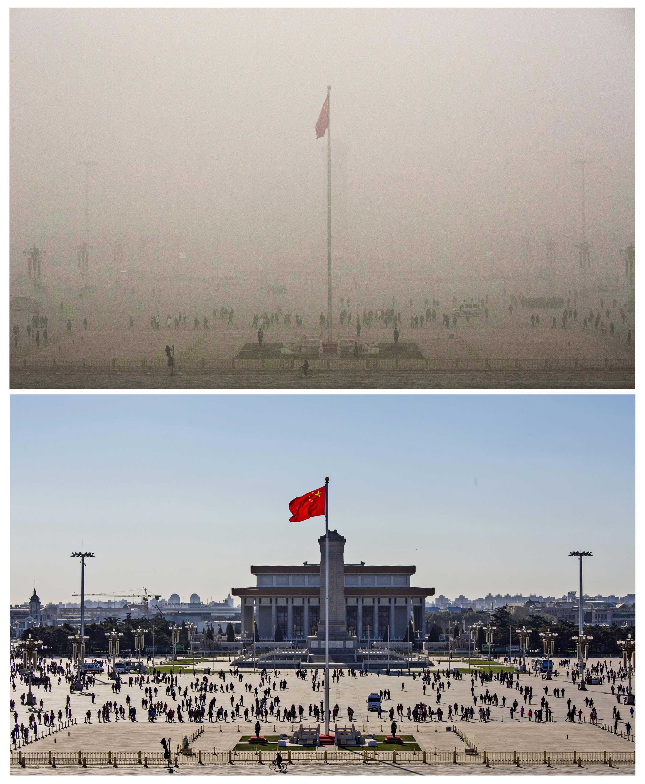 Tiananmen Square in Beijing is seen on Dec. 1, 2015, and a day later.