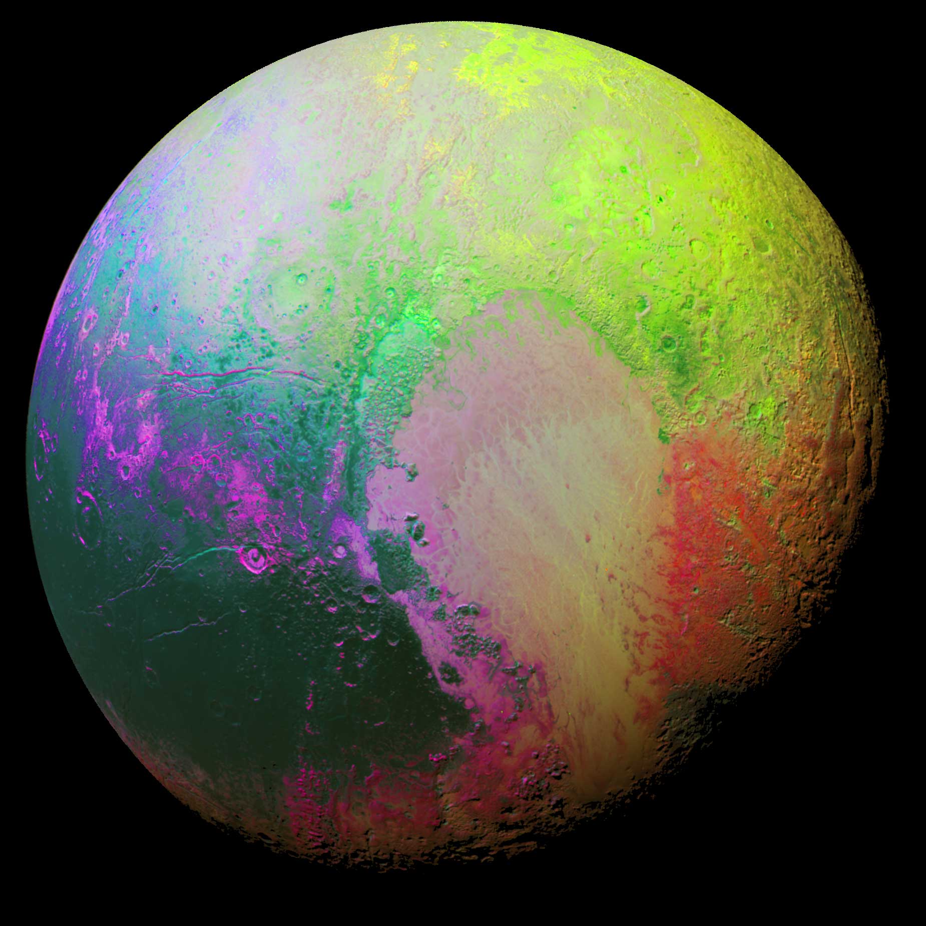 New Horizons scientists made this false color image of Pluto using a technique called principal component analysis to highlight the many subtle color differences between Pluto's distinct regions. The image data were collected by the spacecraft’s Ralph/MVIC color camera on July 14 at 11:11 AM UTC, from a range of 22,000 miles (35,000 kilometers). This image was presented by Will Grundy of the New Horizons’ surface composition team on Nov. 9 at the Division for Planetary Sciences (DPS) meeting of the American Astronomical Society (AAS) in National Harbor, Maryland.Image Credit: NASA/JHUAPL/SwRILast Updated: Nov. 12, 2015Editor: Tricia Talbert