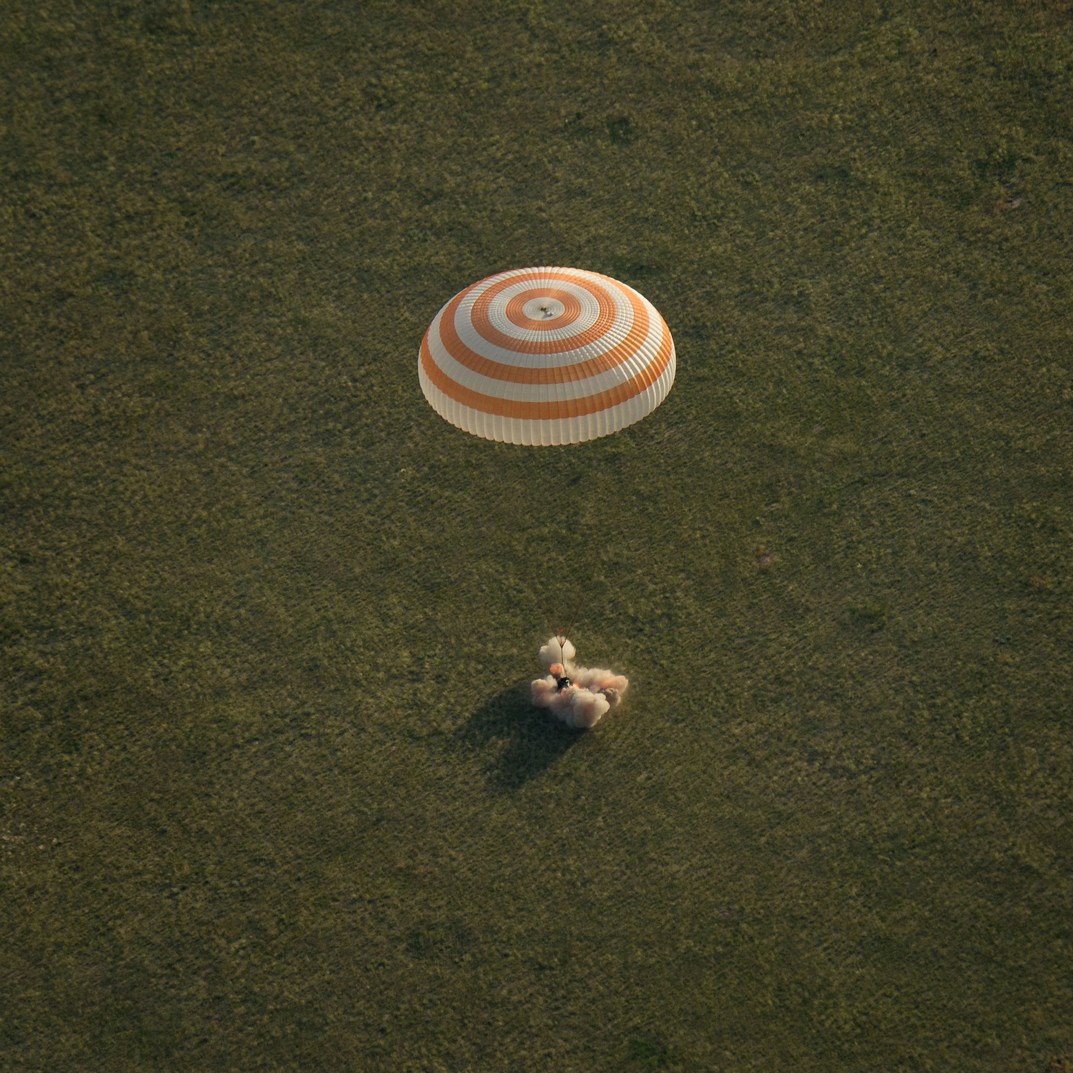 The Soyuz TMA-15M spacecraft is seen as it lands with Expedition 43 commander Terry Virts of NASA, cosmonaut Anton Shkaplerov of the Russian Federal Space Agency (Roscosmos), and Italian astronaut Samantha Cristoforetti from European Space Agency (ESA) near the town of Zhezkazgan, Kazakhstan on June 11, 2015.