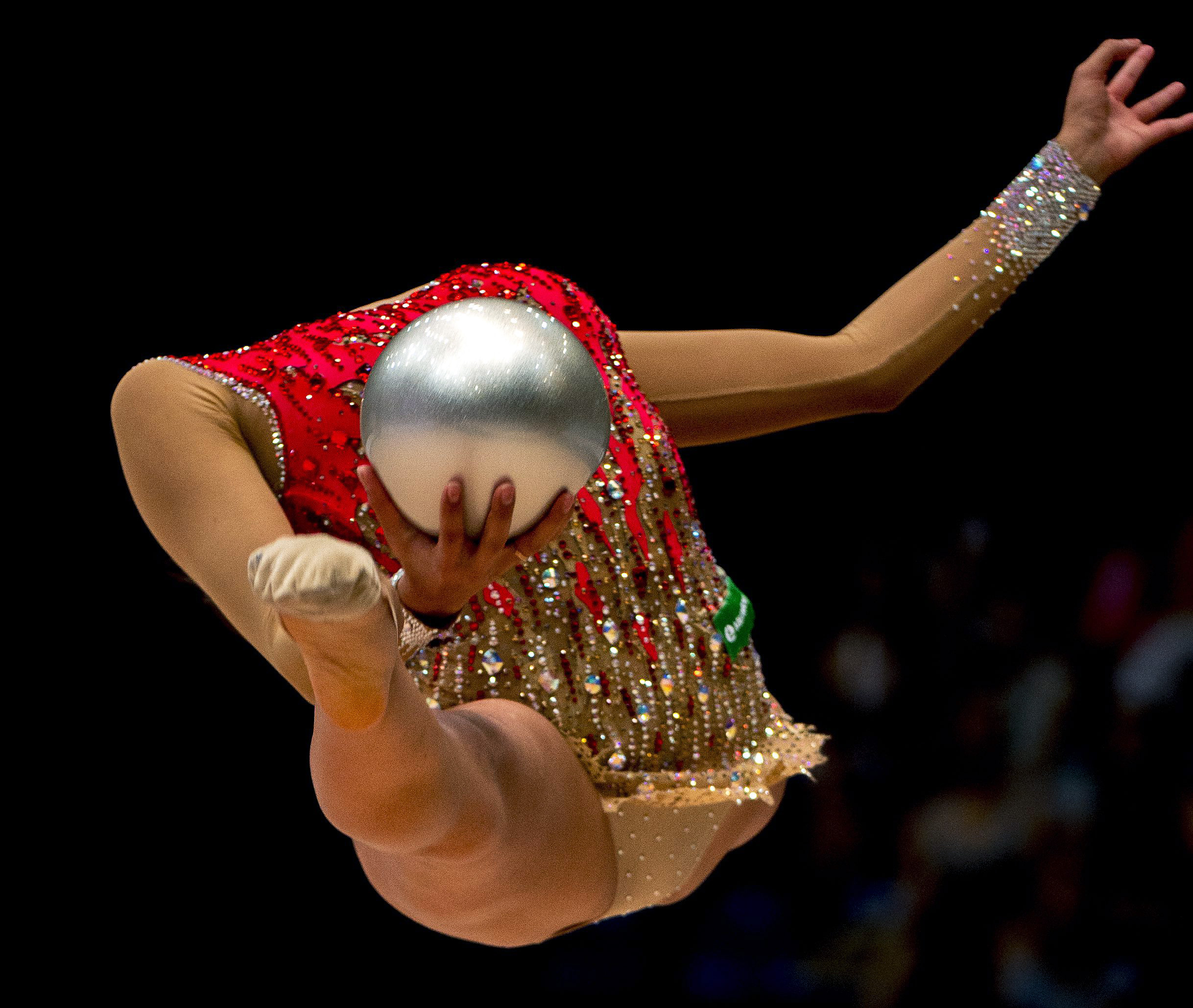 Margarita Mamun, of Russia, performs the ball exercise at the Hungarian Rhythmic Gymnastics World Cup tournament in Budapest on Aug, 9, 2015.