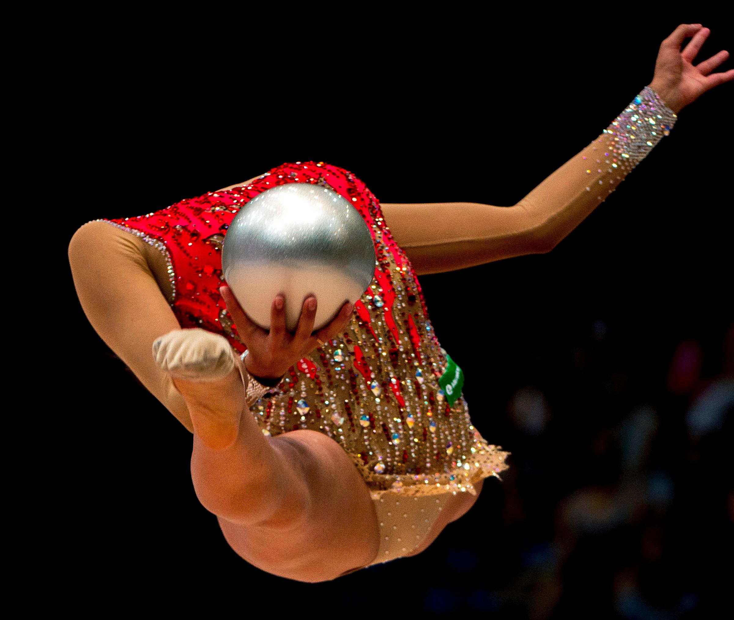 Margarita Mamun, of Russia, performs the ball exercise at the Hungarian Rhythmic Gymnastics World Cup tournament in Budapest on Aug, 9, 2015.