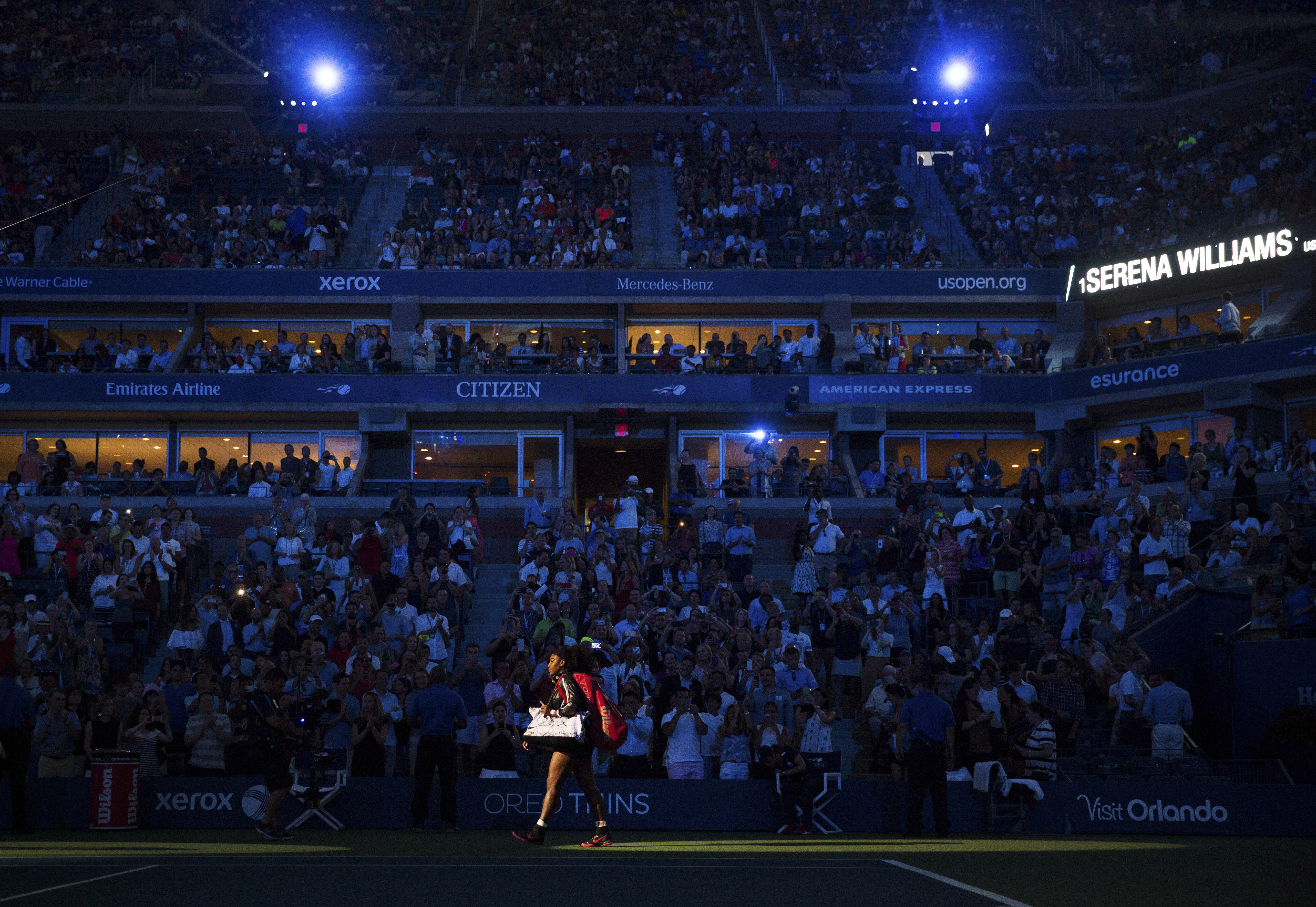 Serena Williams takes the court at the U.S. Open for her first match on Aug. 31, 2015 in New York.