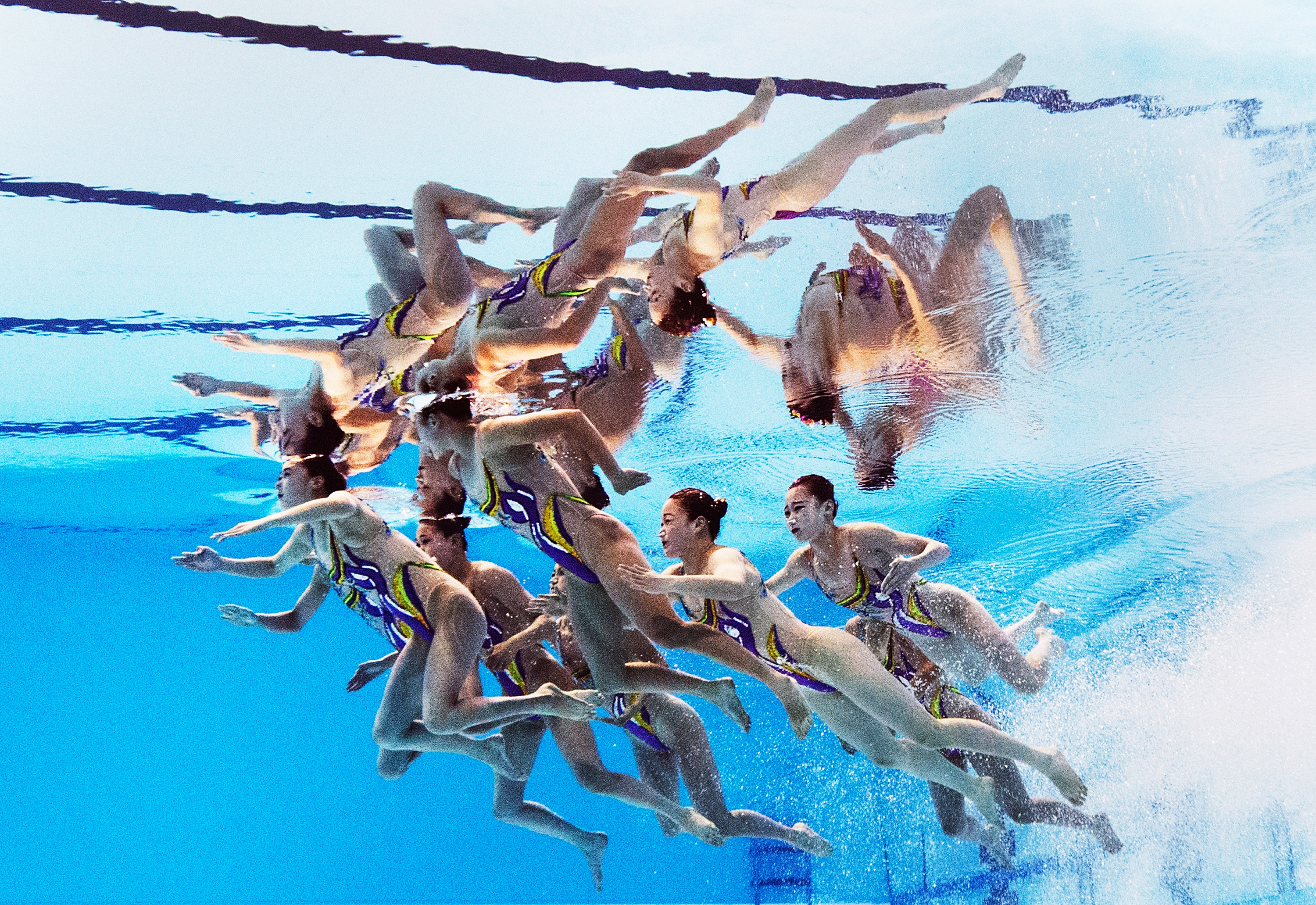 The North Korea team swims before the Women's Team Technical Synchronized Swimming Final at the FINA World Championships on July 27, 2015 in Kazan, Russia.