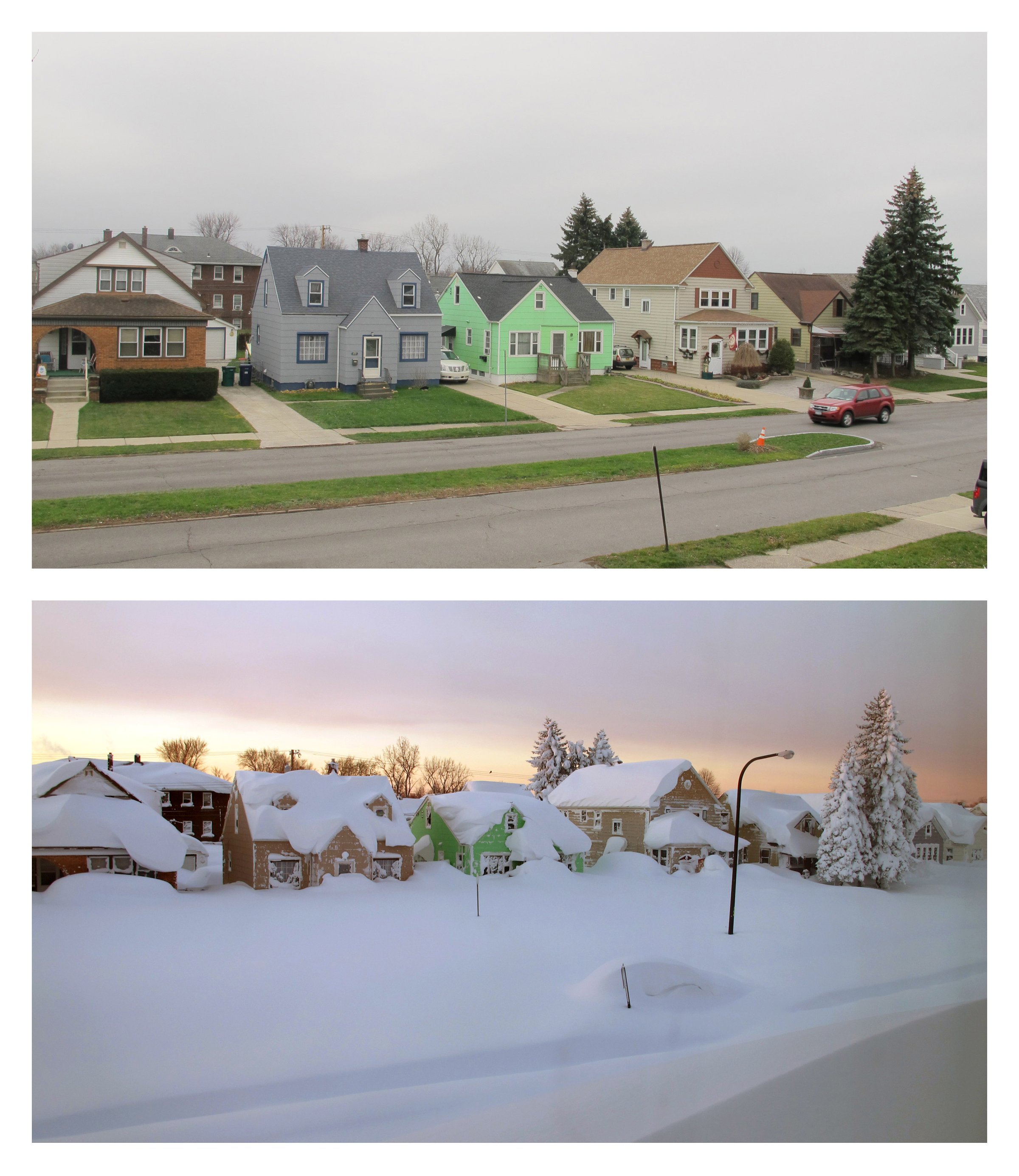 This combination of Dec. 4, 2015, top, and Nov. 19, 2014 photos shows homes in Buffalo, N.Y. The start of the 2015 winter season in Buffalo couldn't be more different from the previous year.