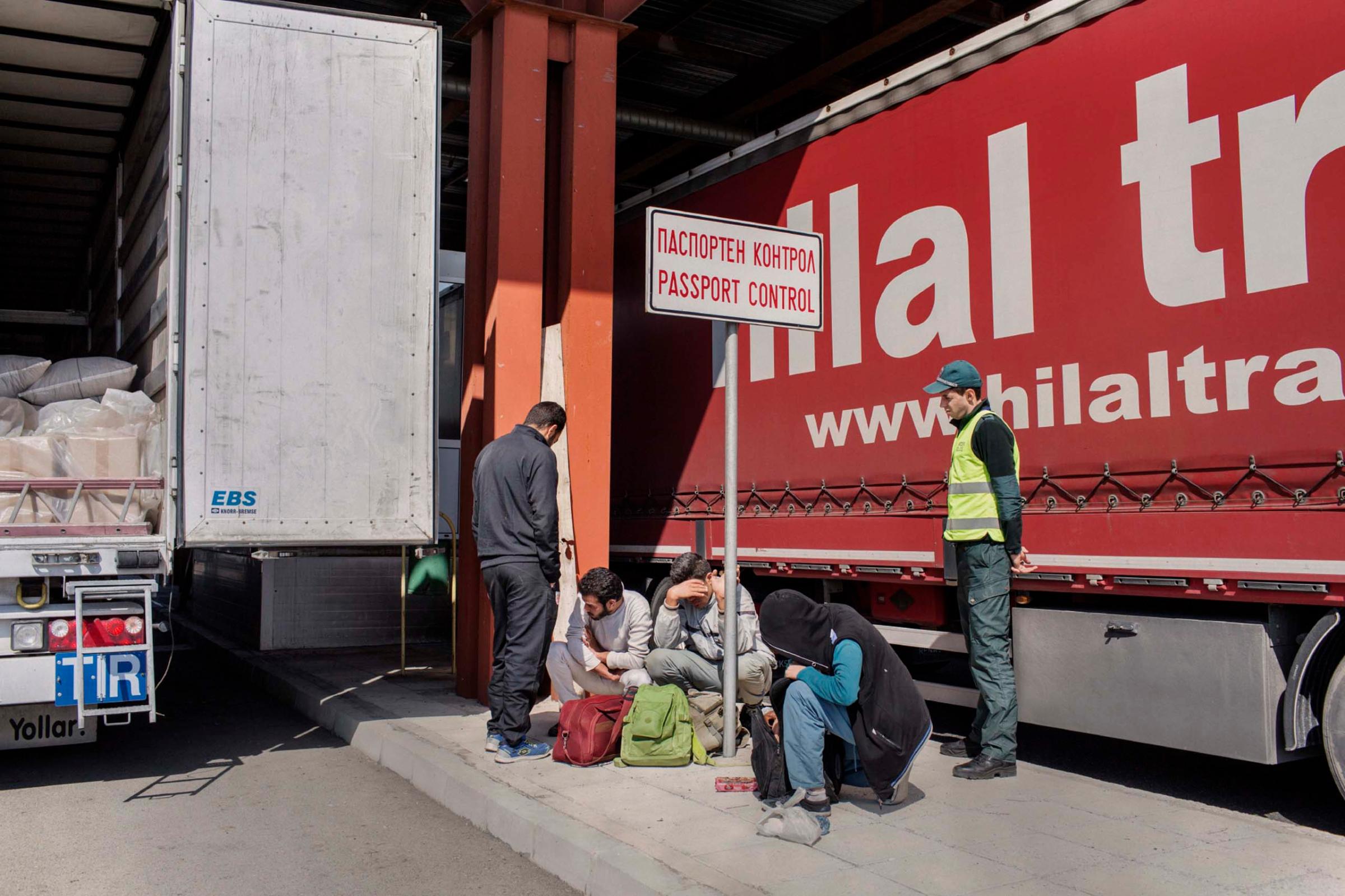 At the Bulgarian-Turkish border, a group of four Syrians are found inside a Turkish goods truck during border controls, 2014. Trucks are one of the most frequently used means of entering the European Union illegally.