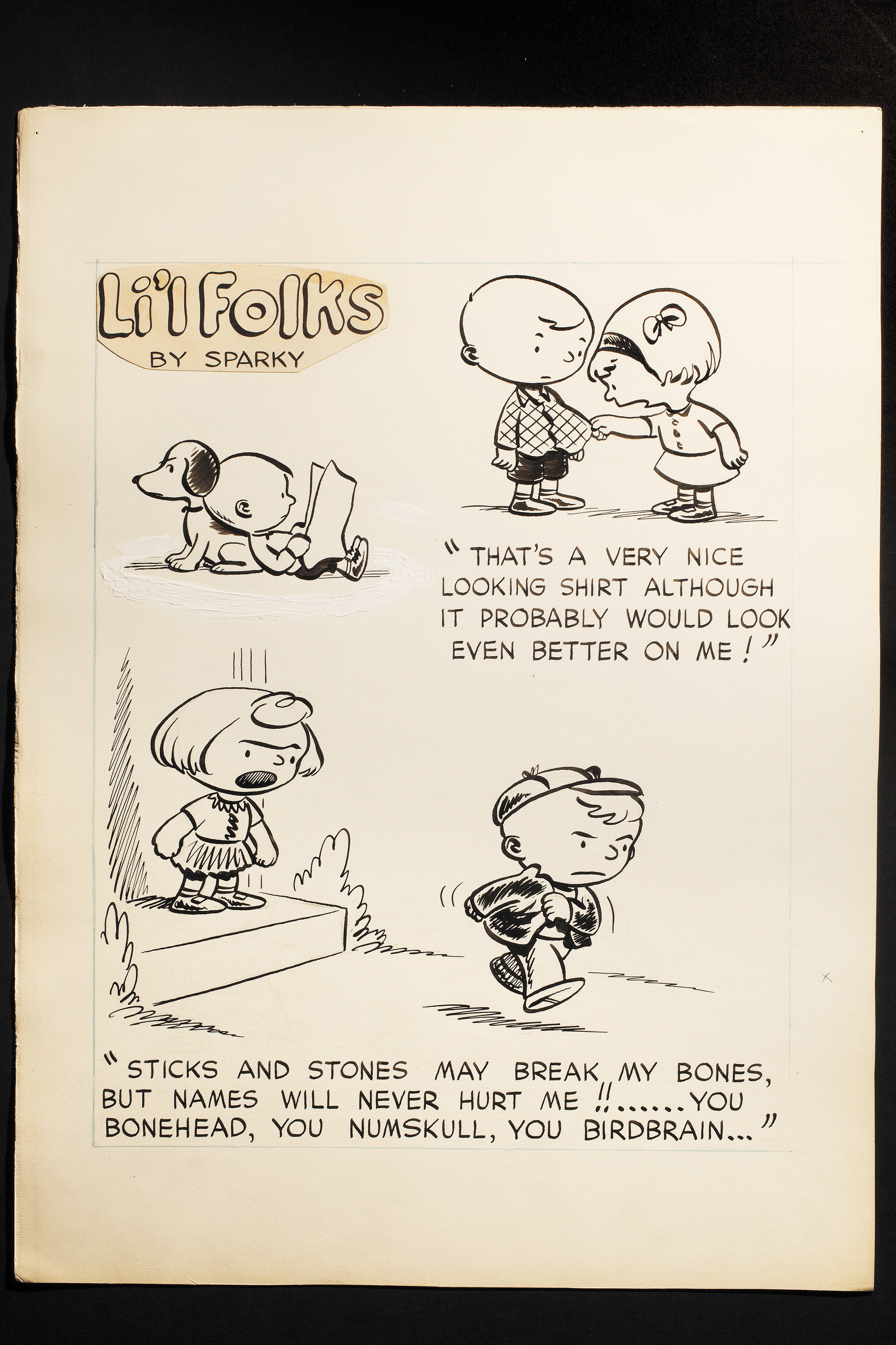 Original art for a handful of unpublished Li’l Folks comic strips, spring 1950. Earlier versions ran on Sept. 19, 1948, top left, June 13, 1948, top right, and Nov. 28, 1948, bottom.