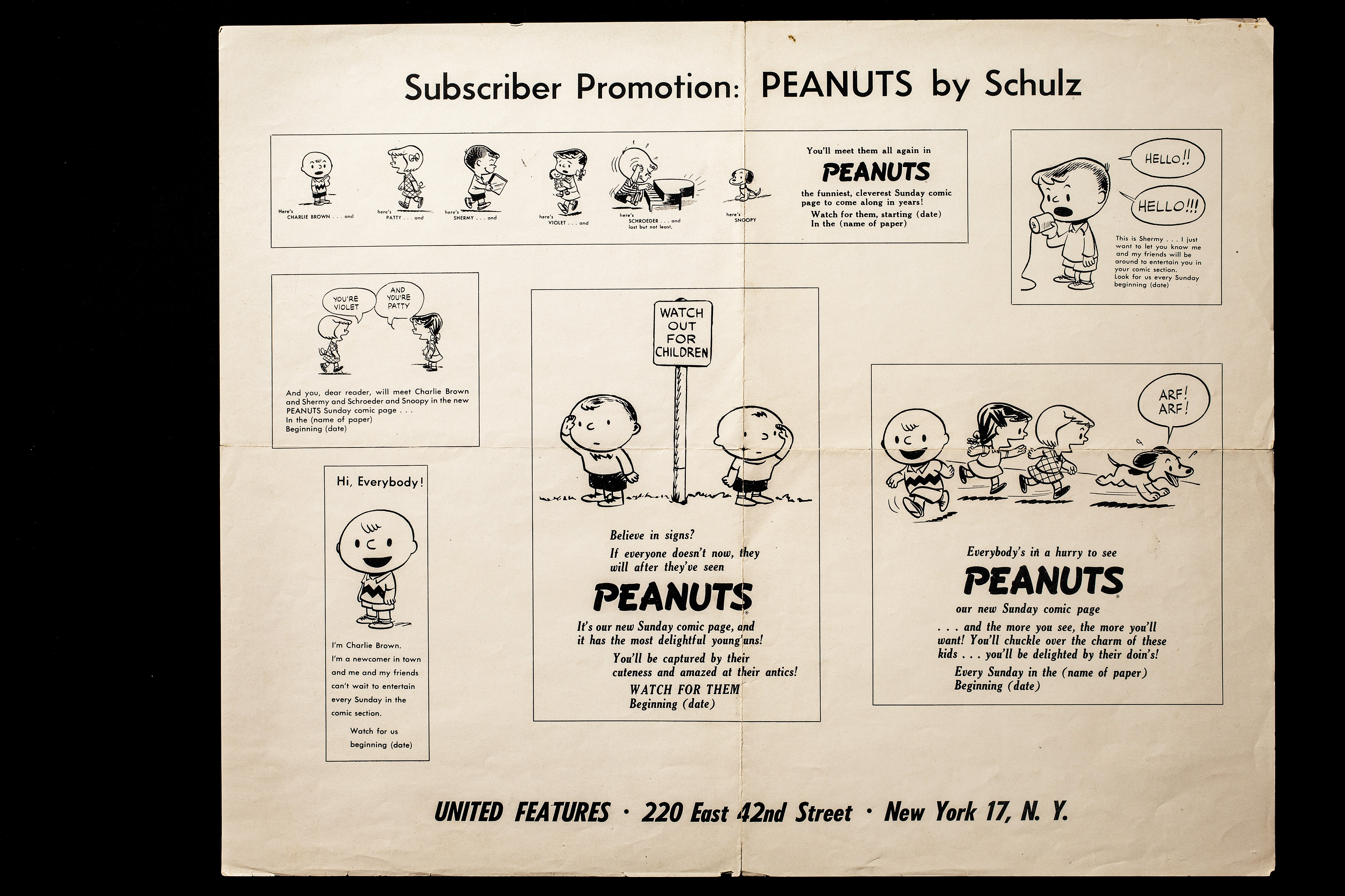Subscriber promotional ads for launch of Peanuts Sunday comics, which made their debut on Jan. 6, 1952.
