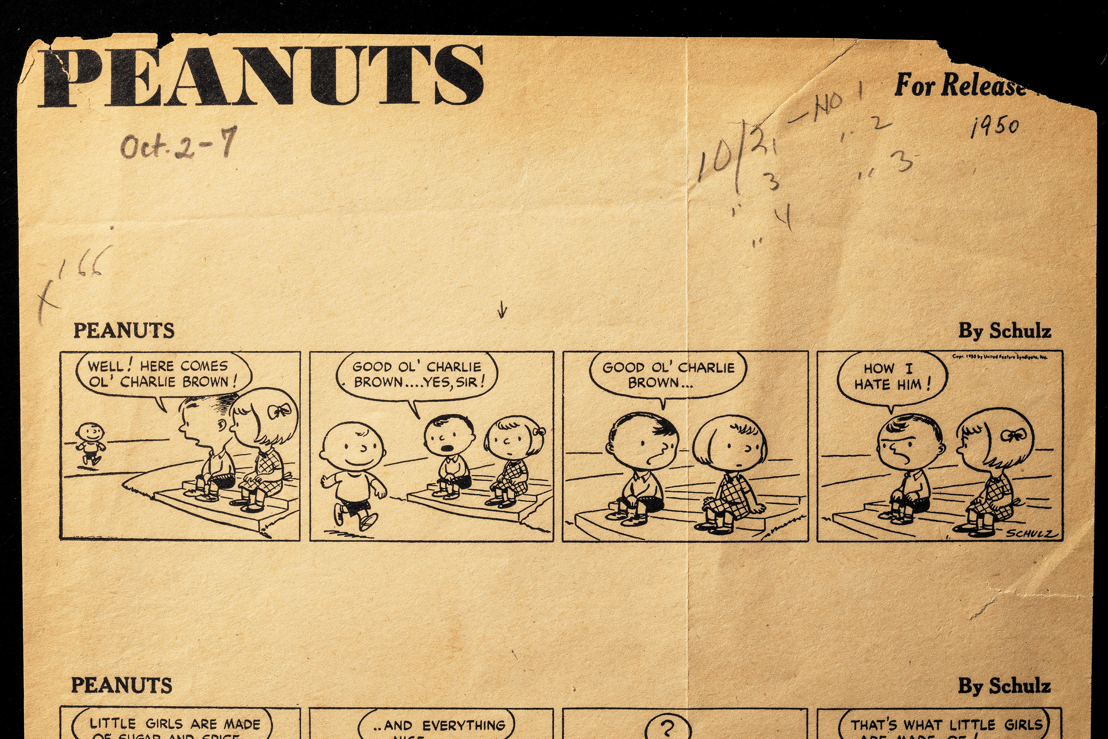 Proof sheet for one of the first three Peanuts daily newspaper strips, Oct. 2–4, 1950.