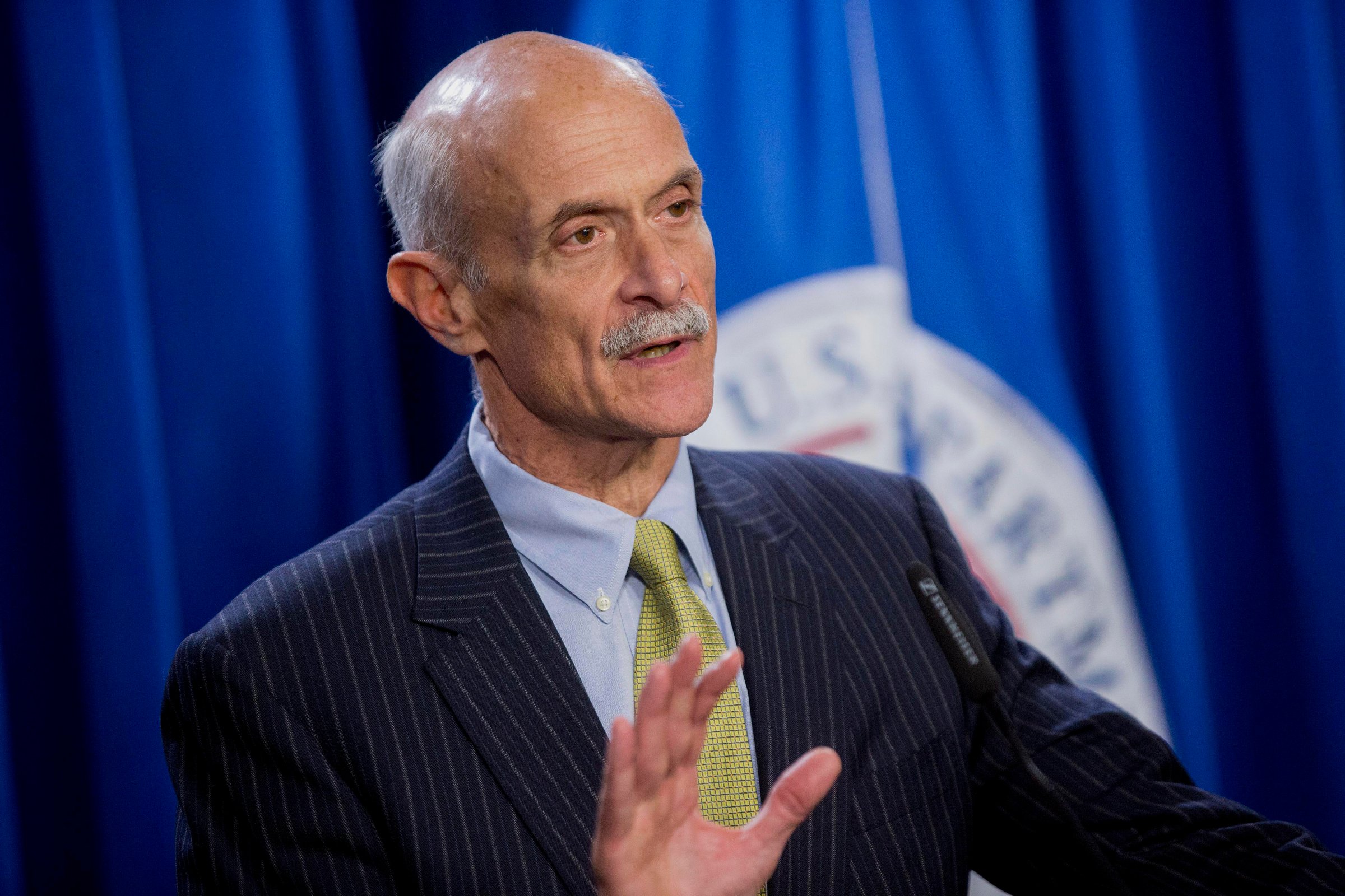 Michael Chertoff, former U.S. secretary of Homeland Security (DHS), speaks during a news conference with Jeh Johnson, U.S. secretary of Homeland Security (DHS), and former secretaries of Homeland Security Tom Ridge, not pictured, at the U.S. Immigration and Customs Enforcement (ICE) in Washington, D.C., U.S., on Feb. 25, 2015.