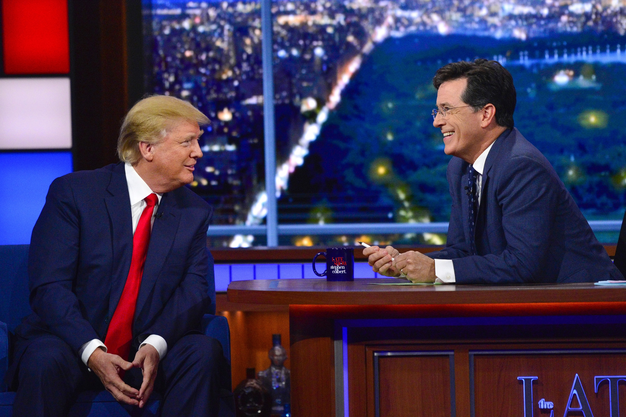 Donald Trump talks about his US Presidential campaign on The Late Show with Stephen Colbert, Tuesday Sept. 22, 2015 on the CBS Television Network.