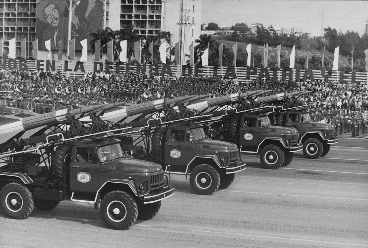 Dec. 2, 1976:  Weapons on display in a military parade to mark the anniversary of the Cuban Revolution of 1956. (Keystone / Getty Images)
