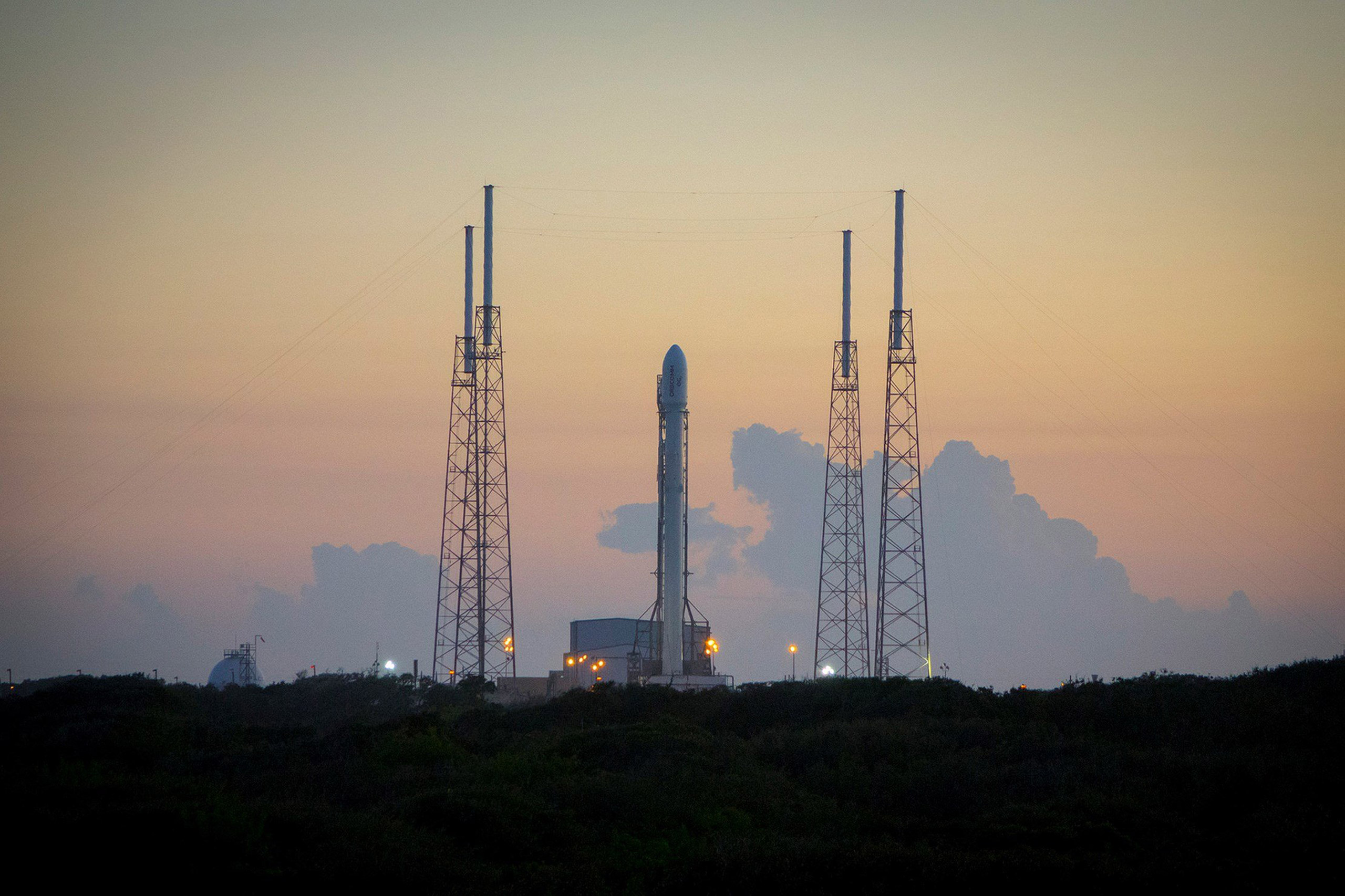 The Falcon 9 rocket, poised to launch at 8:29 pm on Dec. 21, 2015 from Cape Canaveral, Fla., as seen on Dec. 16, 2015. (HO/AFP/Getty Images)