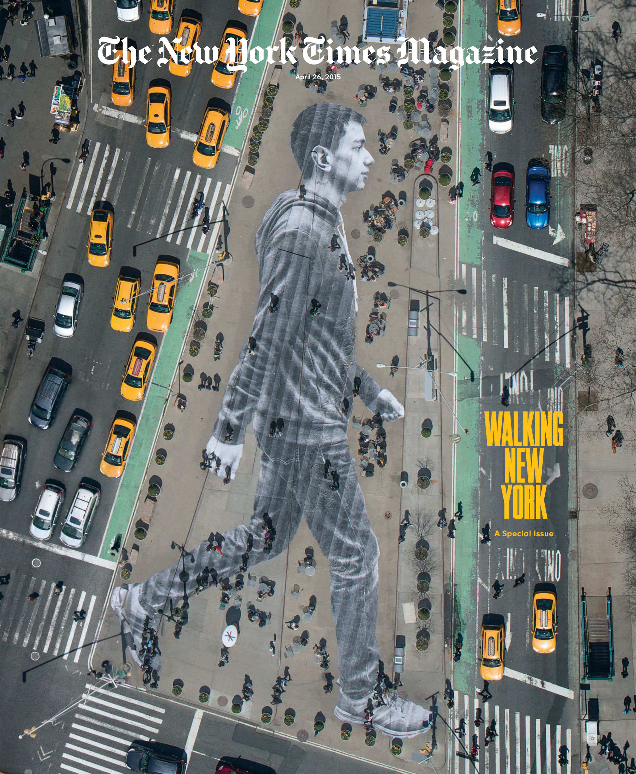 The New York Times Magazine, April 26, 2015.
                              Photograph by JR.
                              
                              The image on this cover, by the French artist JR, was created exclusively for The New York Times Magazine for our special issue about walking New York. JR does huge pastings of photographs on various sites around the world. For our cover, he pasted a 150-foot-tall image of Elmar Aliyev, a 20-year-old who immigrated to the U.S. from Azerbaijan last August, onto the ground of the Flatiron Plaza. At 4:00 a.m. on the morning of April 11, 2015, JR and his crew began pasting this image of Aliyev onto the pavement. The photograph had been printed out onto 62 strips of paper. The pasting took about three and a half hours. Later in the day, JR went up in a helicopter to make this picture for the cover. At 7:45 p.m. that night, the strips of paper were power-washed off the plaza.
                              
                              —Kathy Ryan, Director of Photography The New York Times Magazine