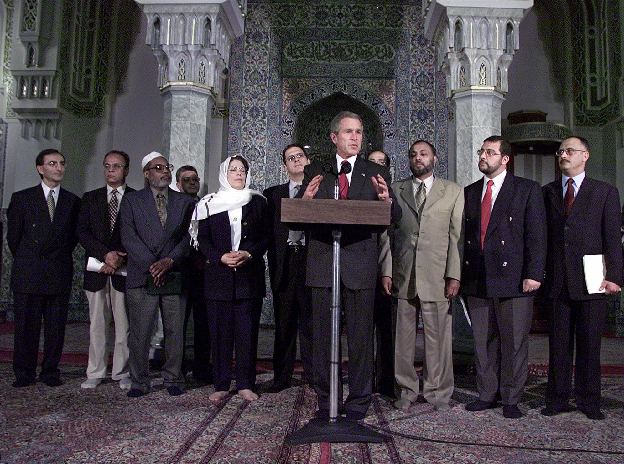 President Bush stands with Islamic leaders during a visit to the Islamic Center of  Washington, Sept. 17, 2001, to try to put an end to rising anti-Muslim sentiment in the wake of 9/11. (Doug Mills—AP)