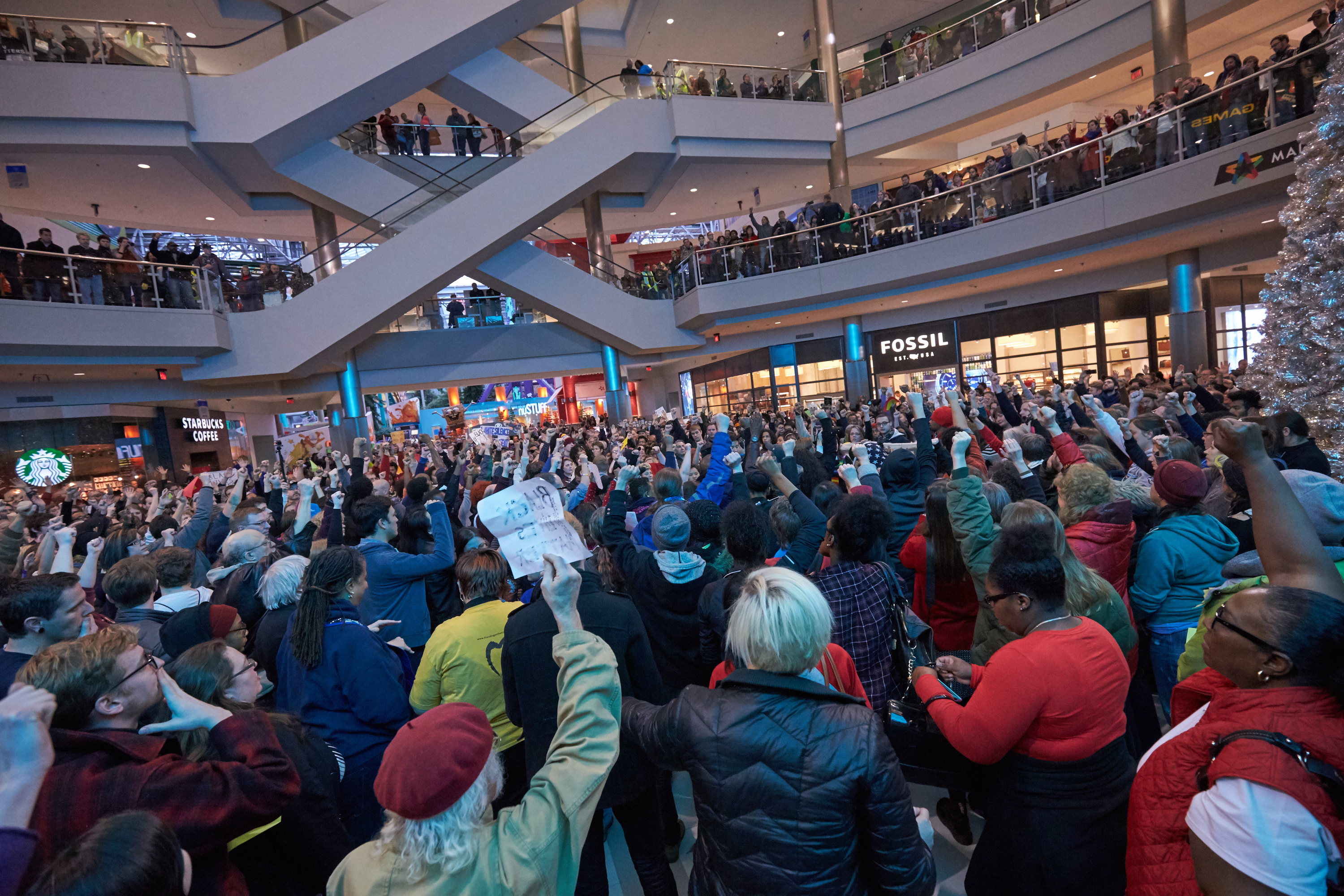 Thousands of protesters from the group "Black Lives Matter" disrupt holiday shoppers on Dec. 20, 2014 at Mall of America in Bloomington, Minnesota. ((Photo by Adam Bettcher/Getty Images))