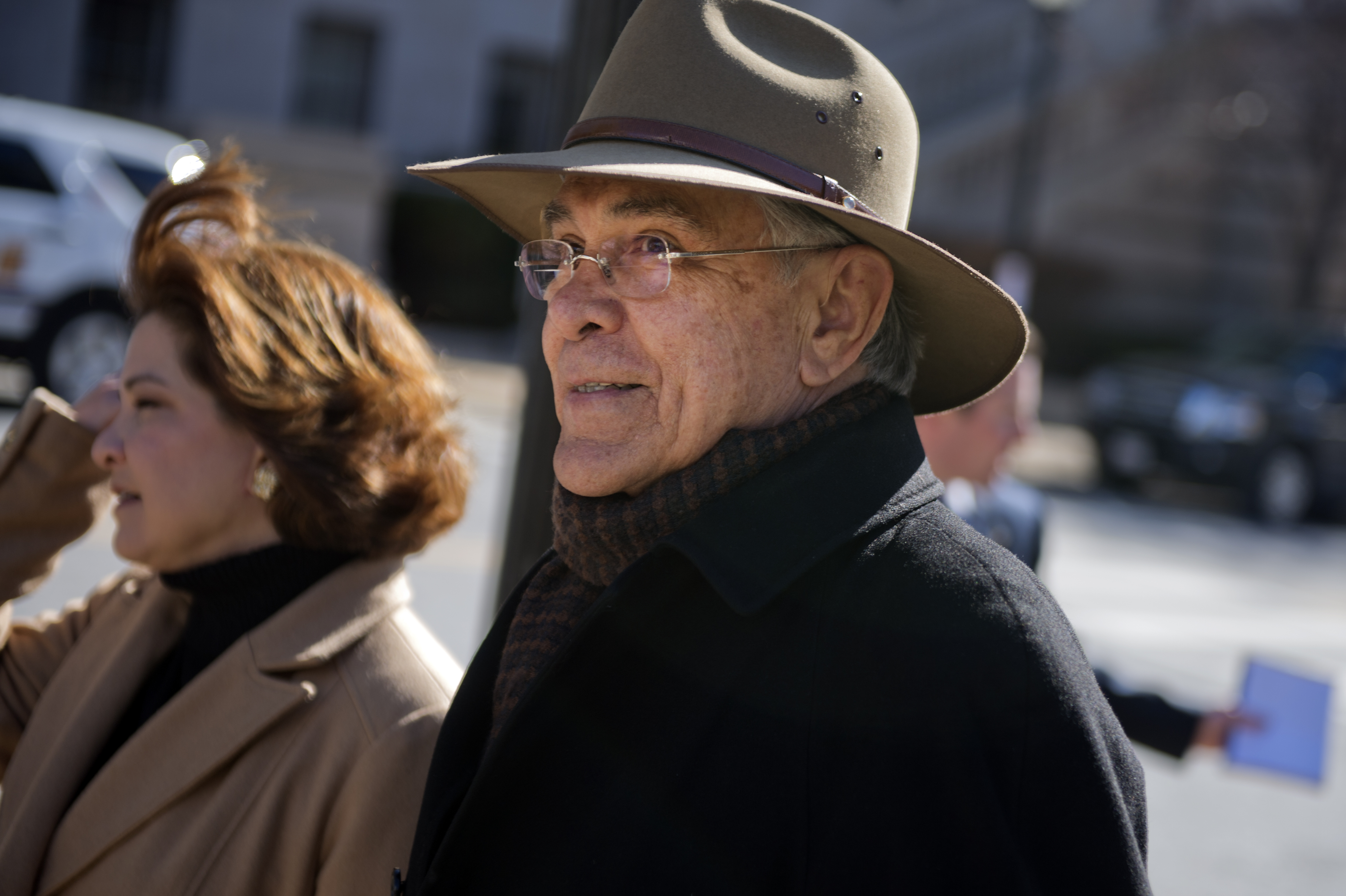 Rep. Ruben Hinojosa, D-Texas, prepares to board a bus in the Rayburn horseshoe that will take House democrats to their retreat in Philadelphia, January 28, 2015. (Tom Williams—CQ-Roll Call,Inc.)