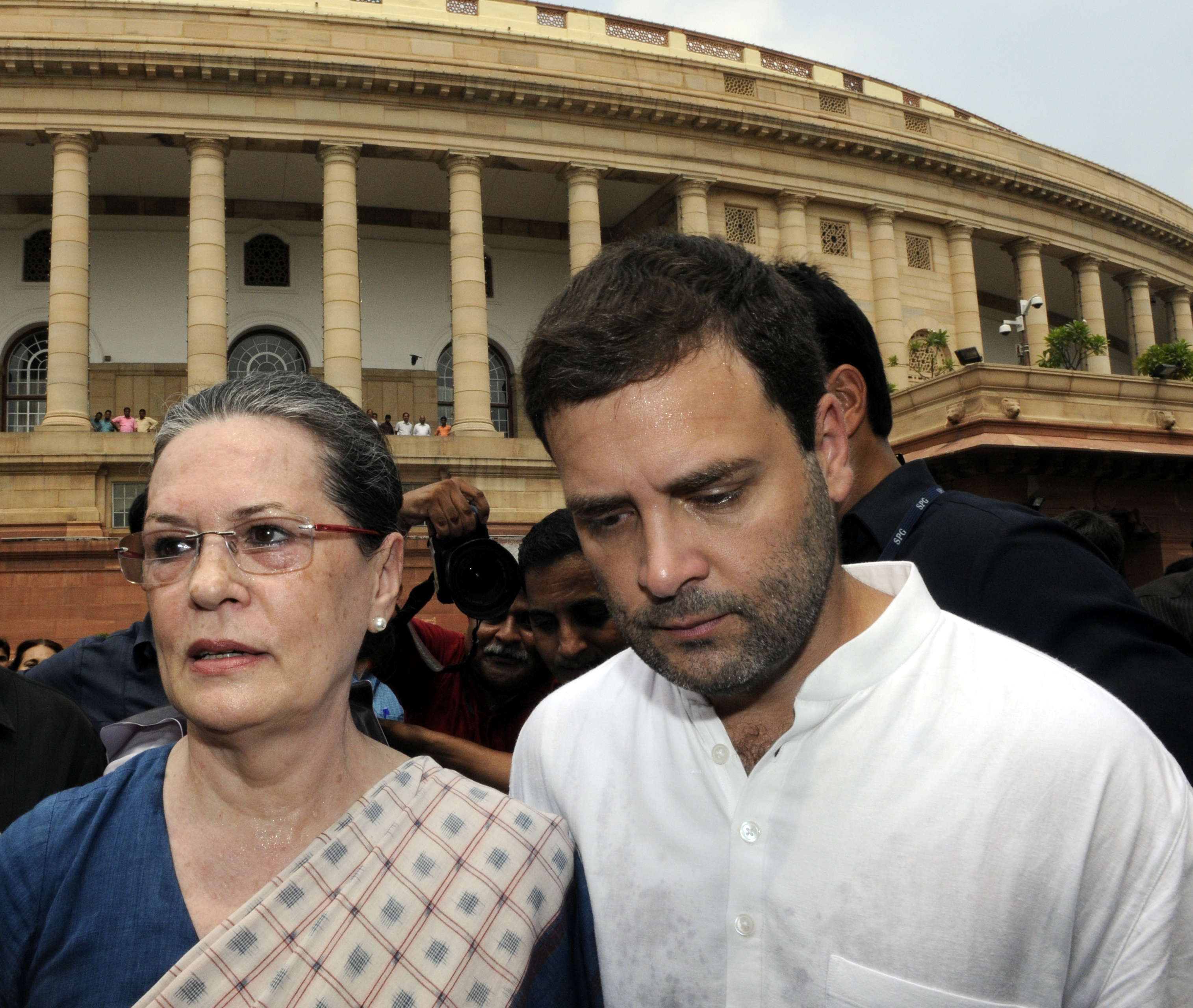Congress Party president Sonia Gandhi and the party's vice president Rahul Gandhi after their protest against the suspension of their 25 members by the Lok Sabha Speaker at Parliament complex on Aug. 4, 2015, in New Delhi (Sonu Mehta)