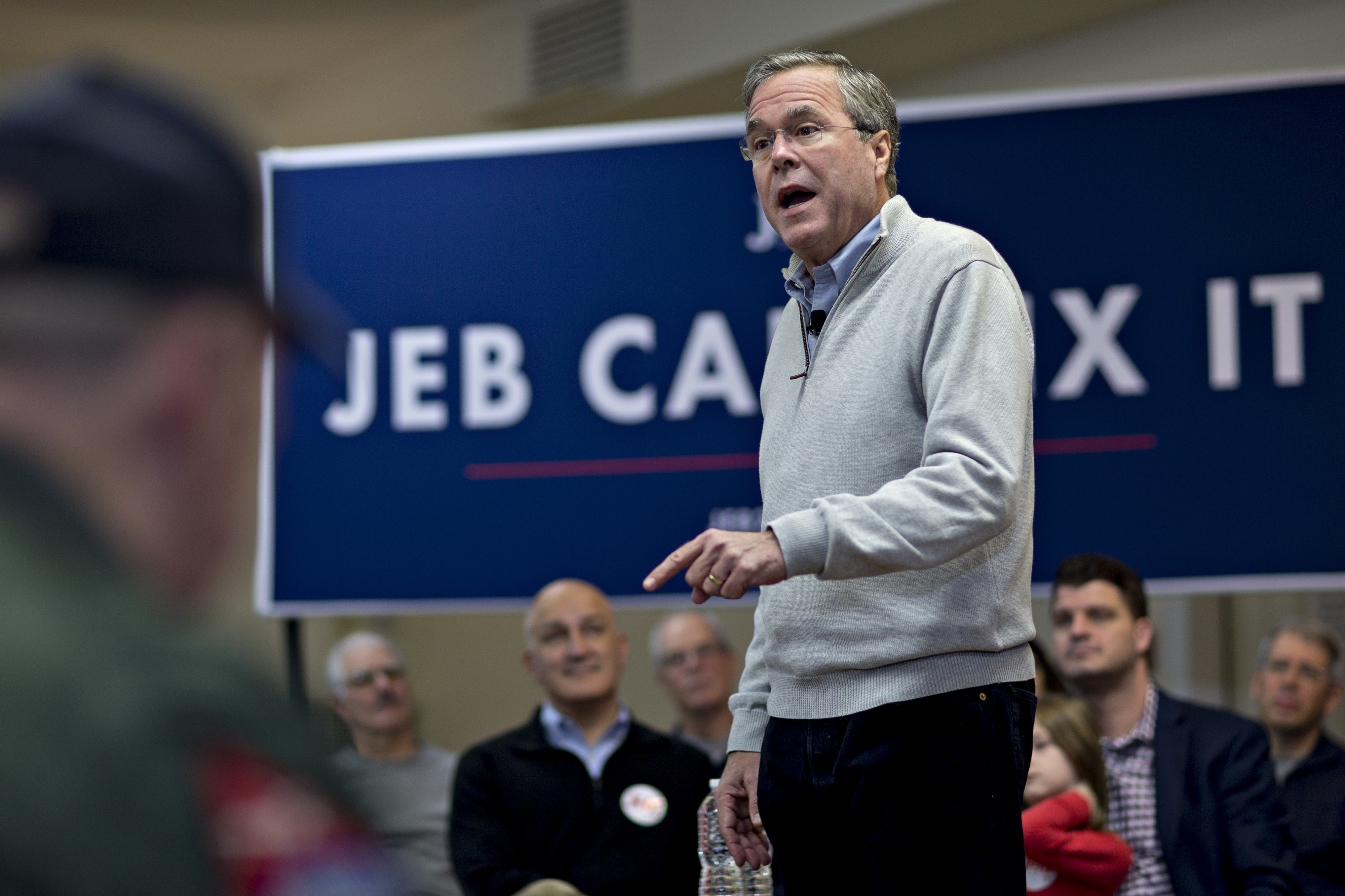 Jeb Bush, former governor of Florida and 2016 Republican presidential candidate, speaks during a town hall campaign stop at the E. Roger Montgomery American Legion Post 81 in Contoocook, New Hampshire, U.S. on Saturday, Dec. 19, 2015. At Tuesday's presidential debate this week Bush lobbed six full-frontal assaults on front-runner Donald Trump, who he at one point dubbed Trump a "chaos candidate." (Bloomberg—Bloomberg via Getty Images)